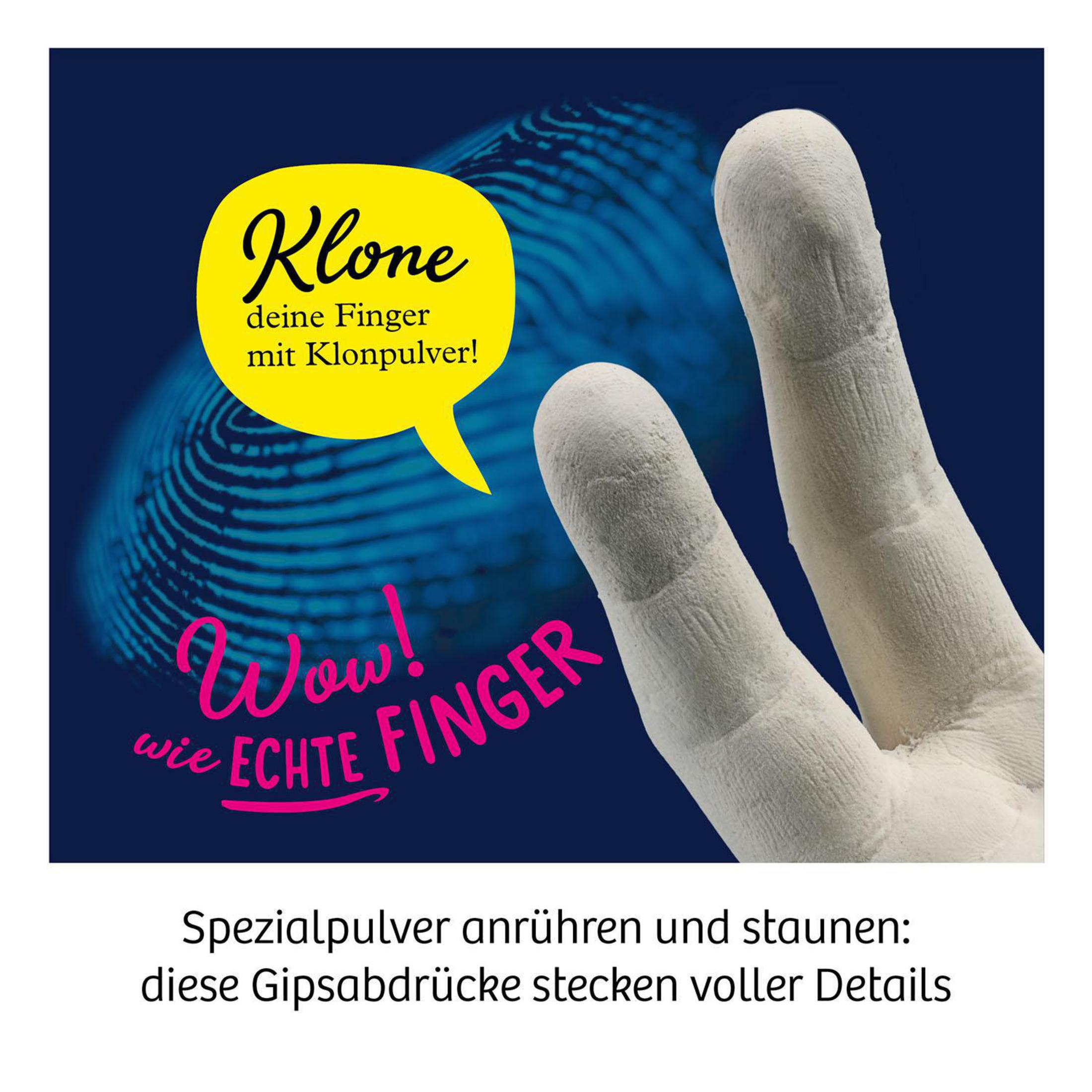 Zwei weiße Handabdrücke, Text in gelber Blase mit 'klone deine Finger' und 'Wow! Wie echte Finger'.