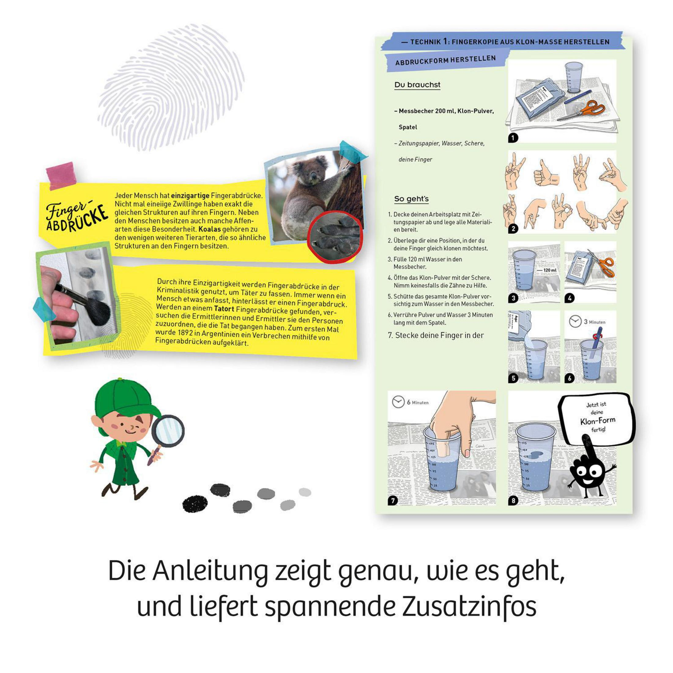 Ein Diagramm mit Fingerabdrücken, Anweisungen und einer Zeichnung eines Detektivs.