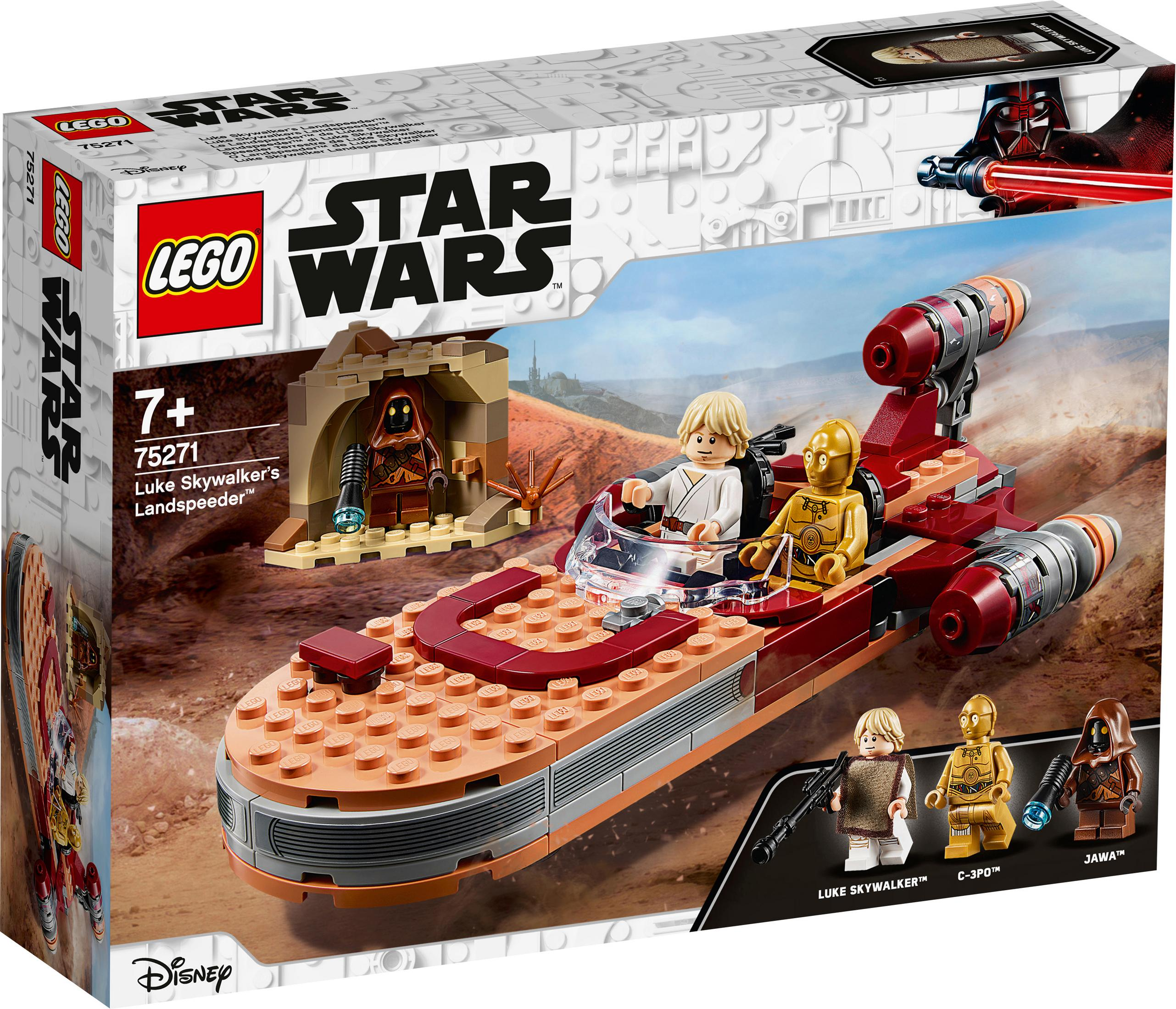Lego Star Wars set box. Features Luke Skywalker's Landspeeder, figures, and a desert scene background.