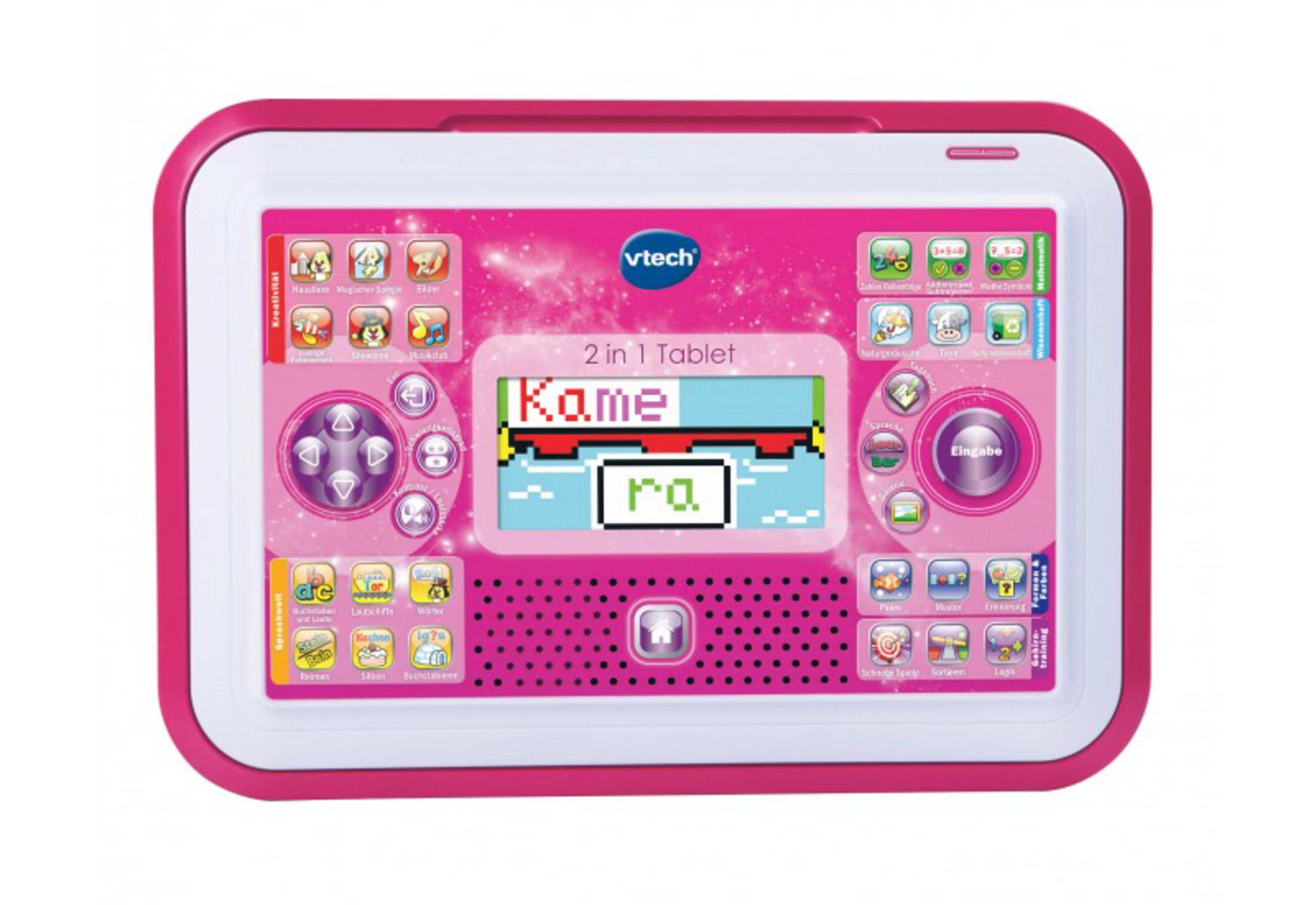 Rosa VTech Tablet-Spielzeug mit bunten Knöpfen und einem Bildschirm mit Text und Bildern.