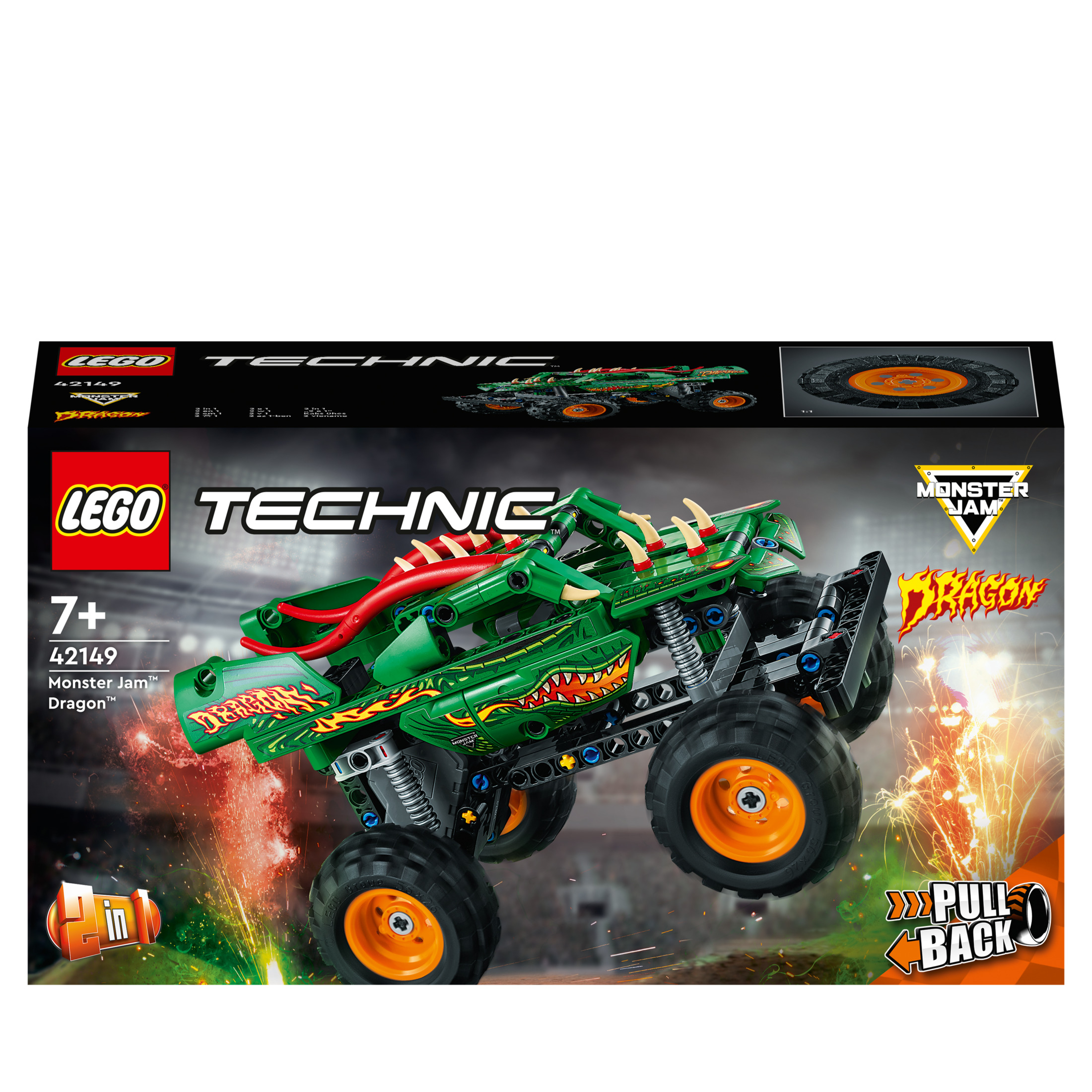 Giocattolo Lego Technic Monster Jam Dragon su una scatola, verde con ruote arancioni.