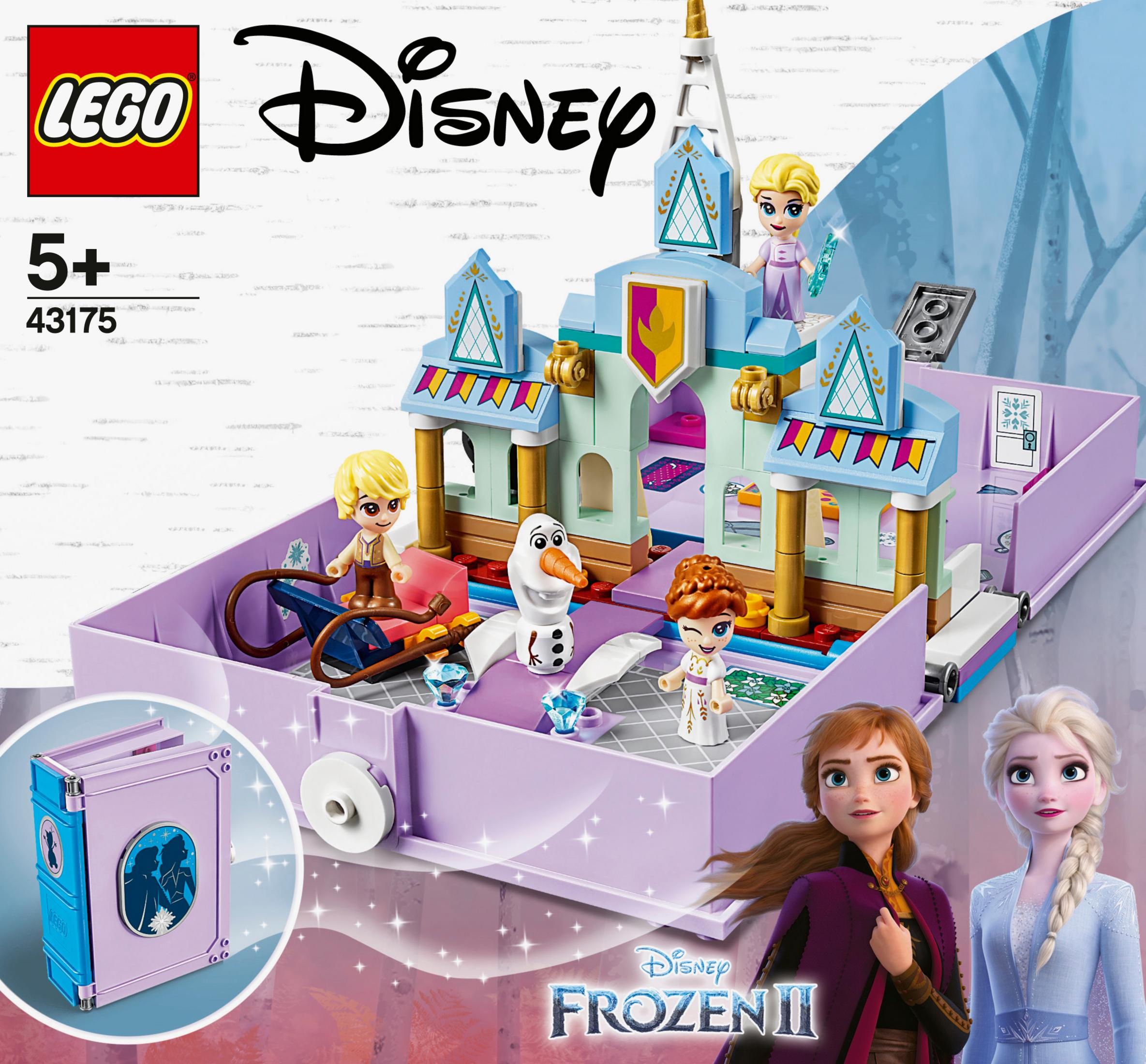 LEGO Disney Frozen II set. Includes a book-shaped playset with figures of Elsa, Anna, Olaf, and other characters.
