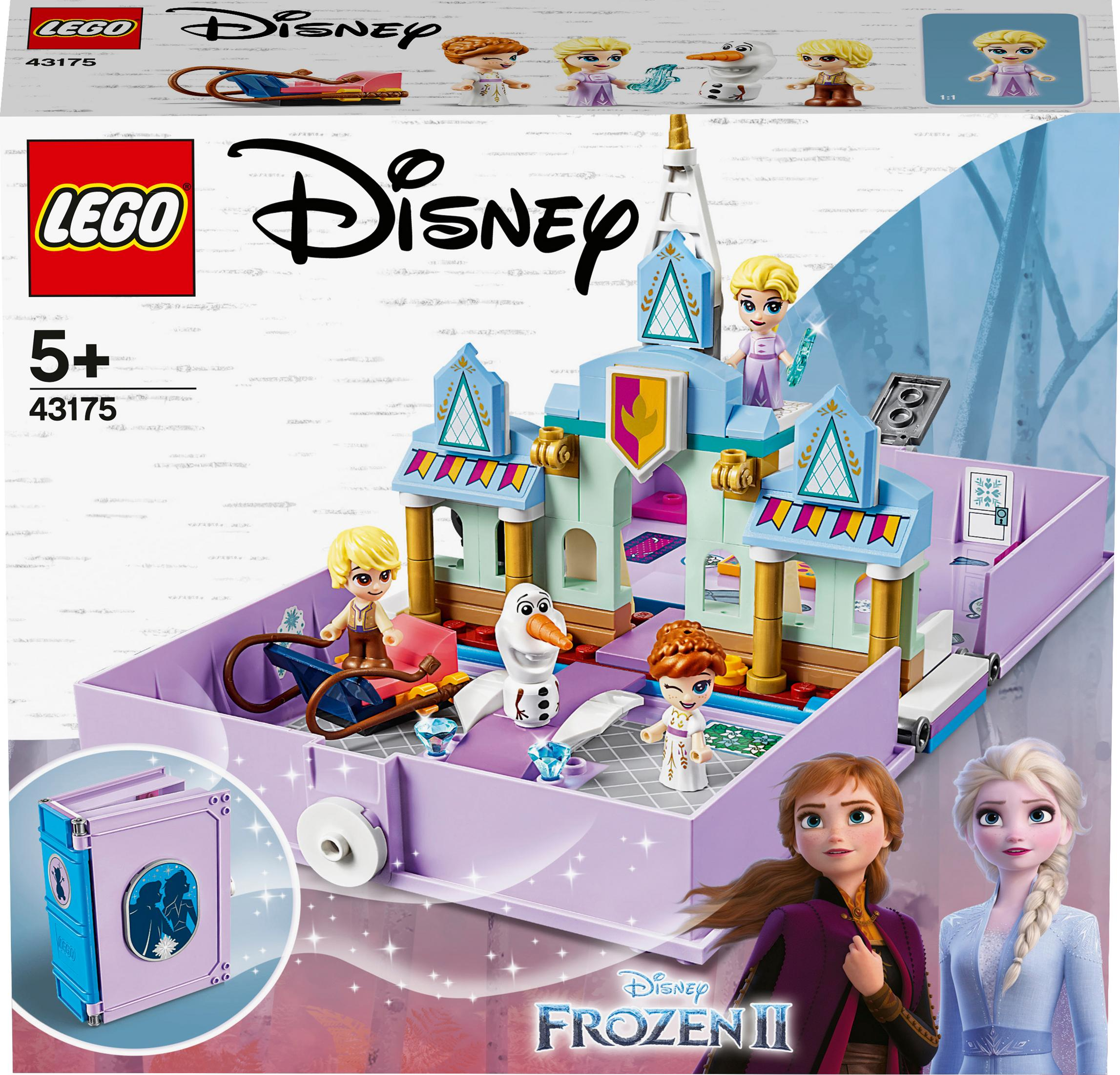 A Lego Disney set showing a Frozen scene with figures of Anna, Elsa, and Olaf.
