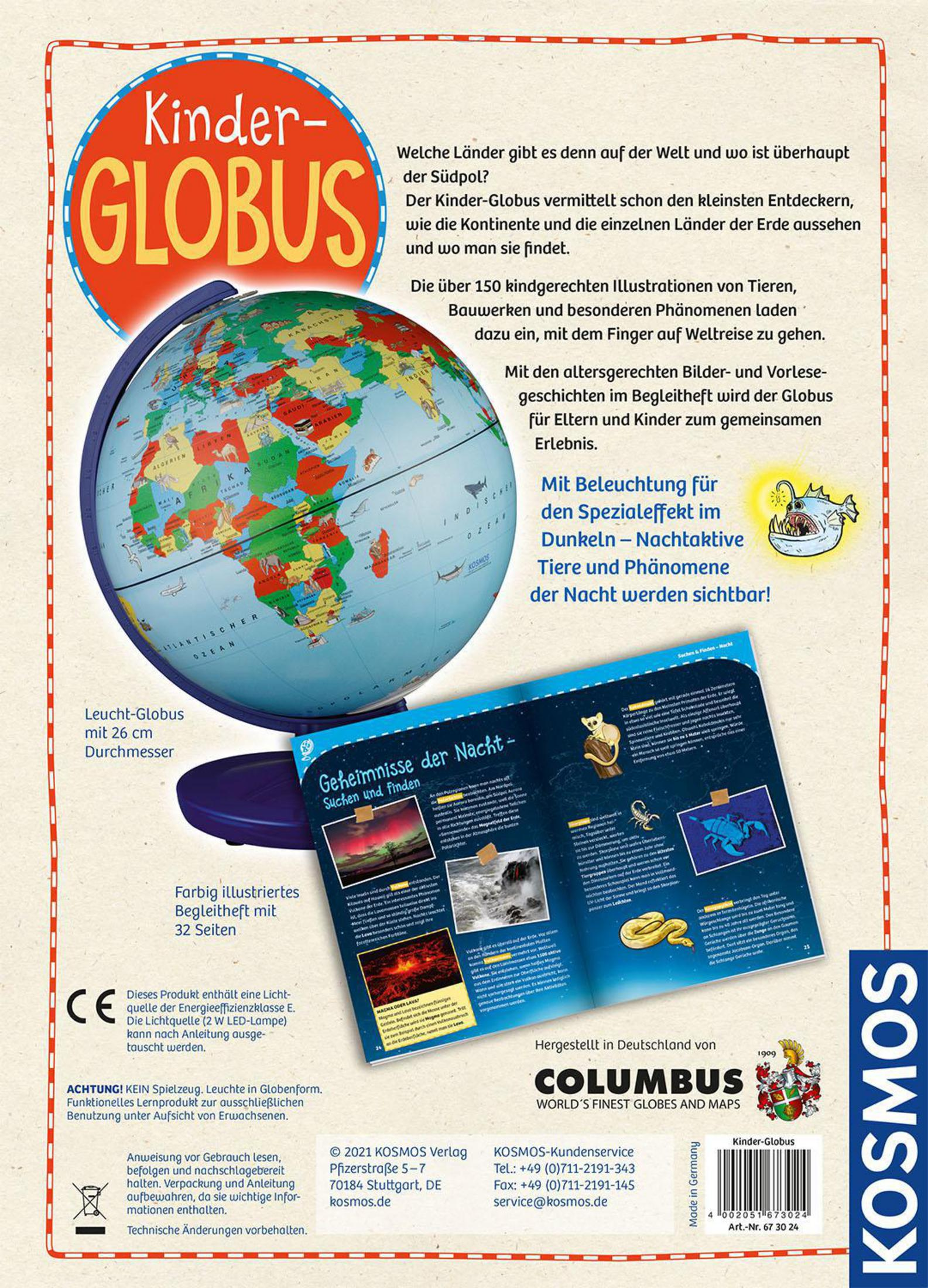Rückseite einer Kinder-Globus-Box. Zeigt den Globus, Text über die Welt und ein Faltblatt.
