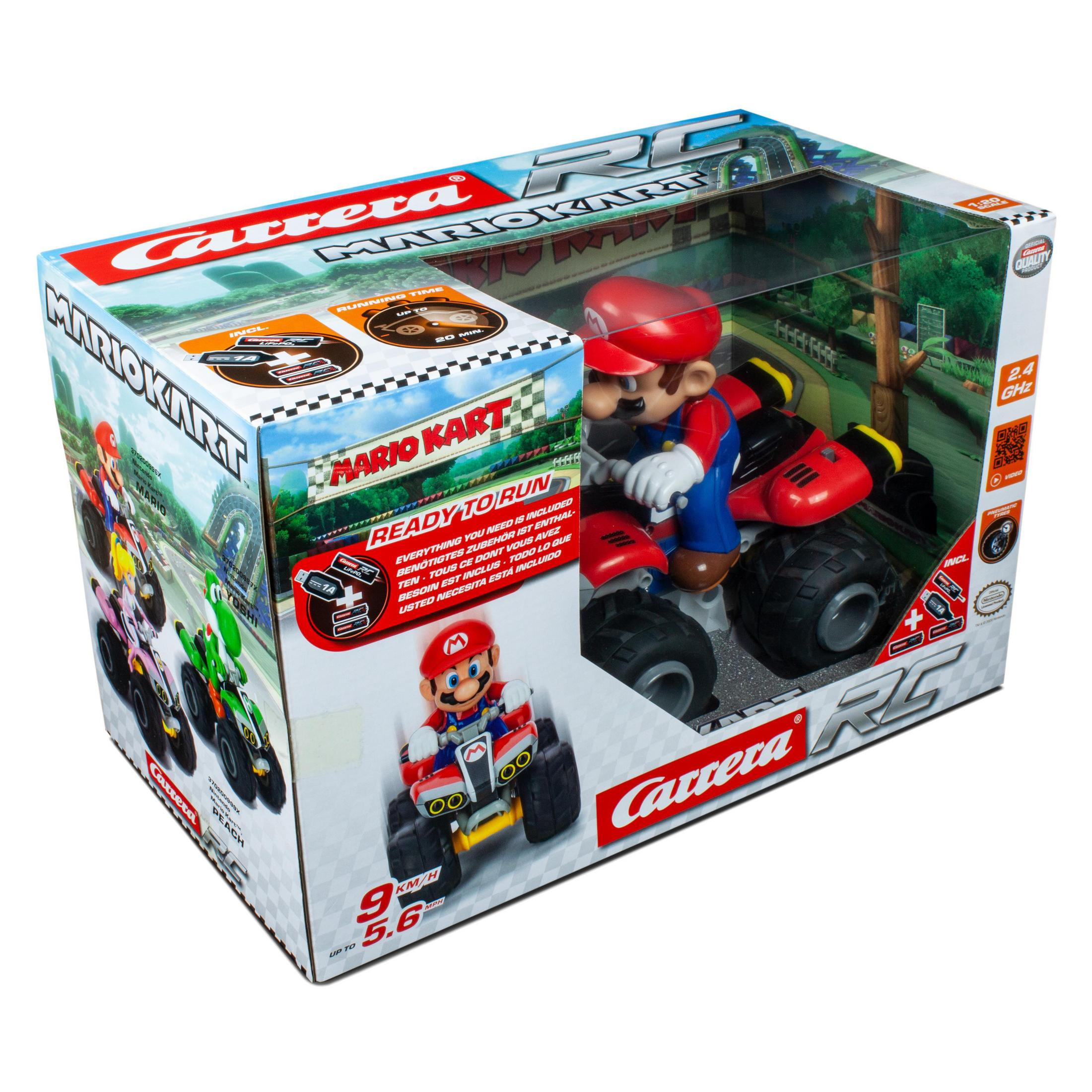 Juguete RC de Mario Kart con la figura de Mario dentro. La caja muestra el coche y la figura de Mario, más la pista.