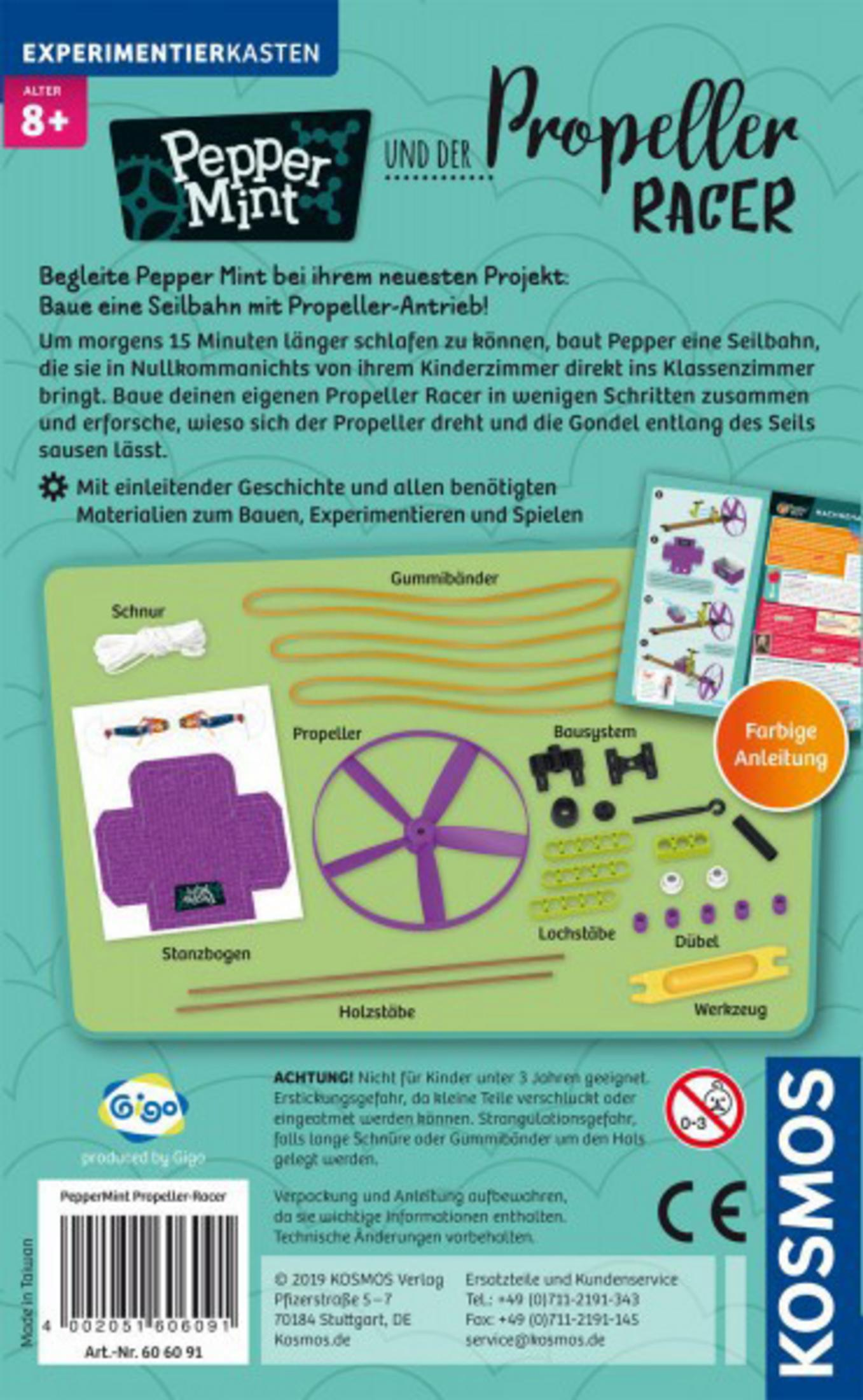 Rückseite der Schachtel, die den Inhalt eines wissenschaftlichen Experimentierkastens zeigt. Werkzeuge, Teile und Anweisungen sind sichtbar.