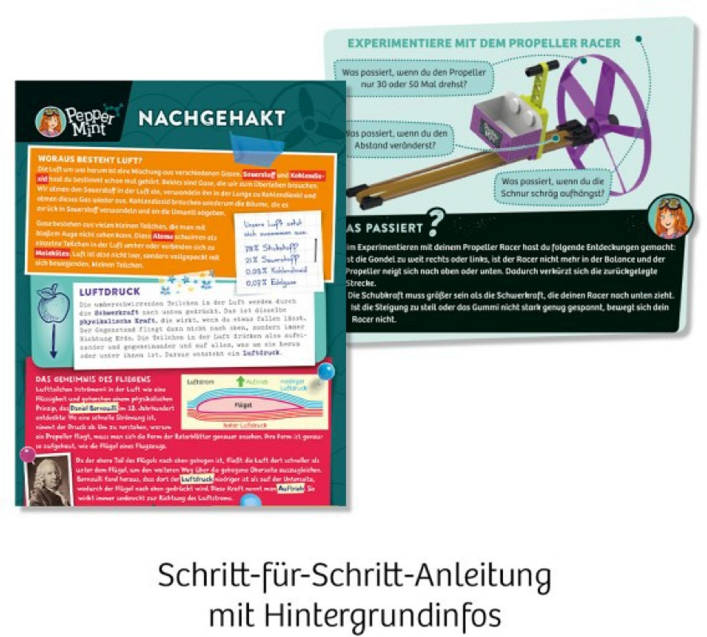 Ein wissenschaftliches Poster mit Text, Illustrationen und einem Propellerracer-Experiment.