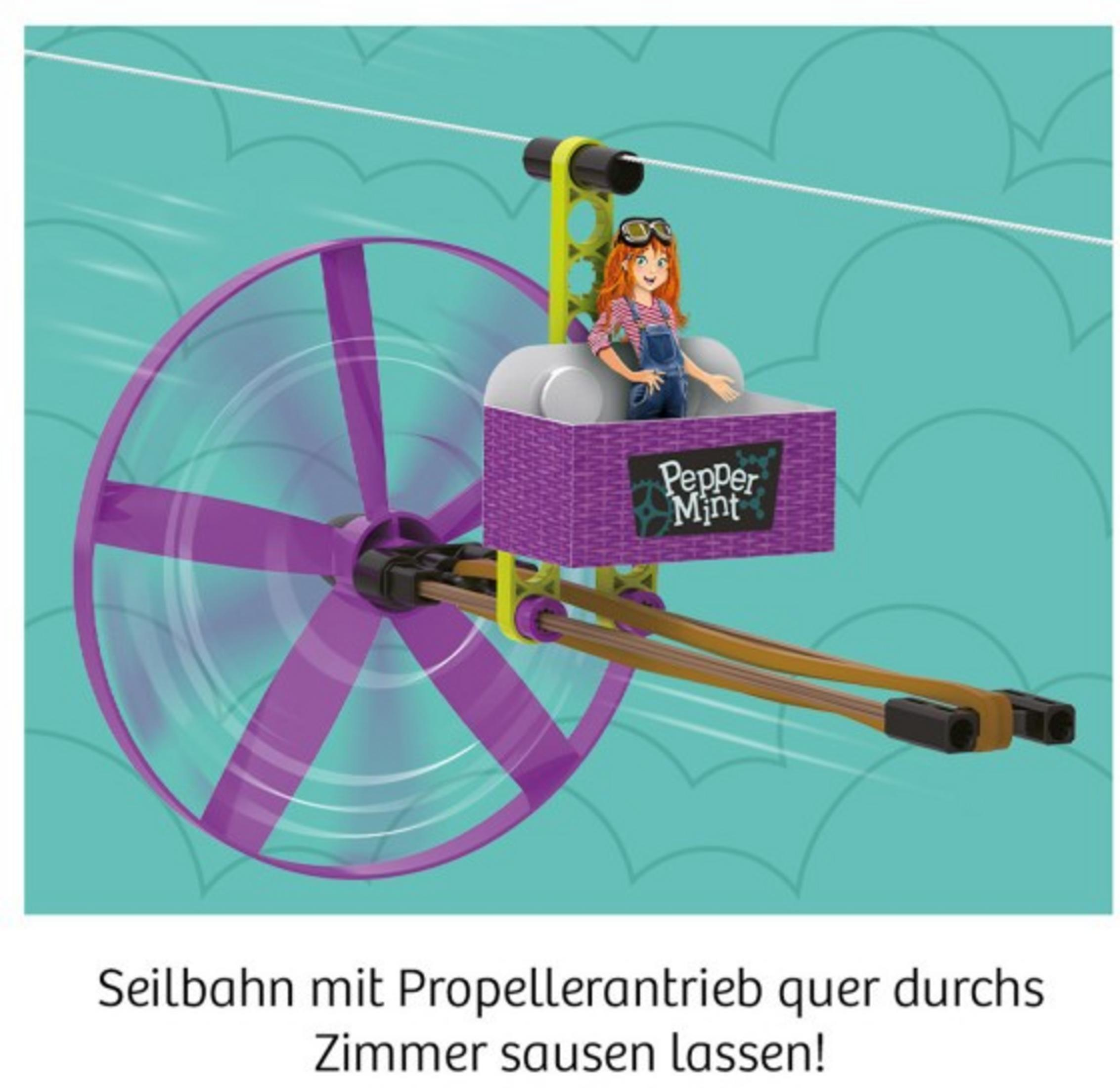 Ein Spielzeug mit einem lila Ventilator, einem Wagen mit einem Mädchen und einem gelben Rahmen.