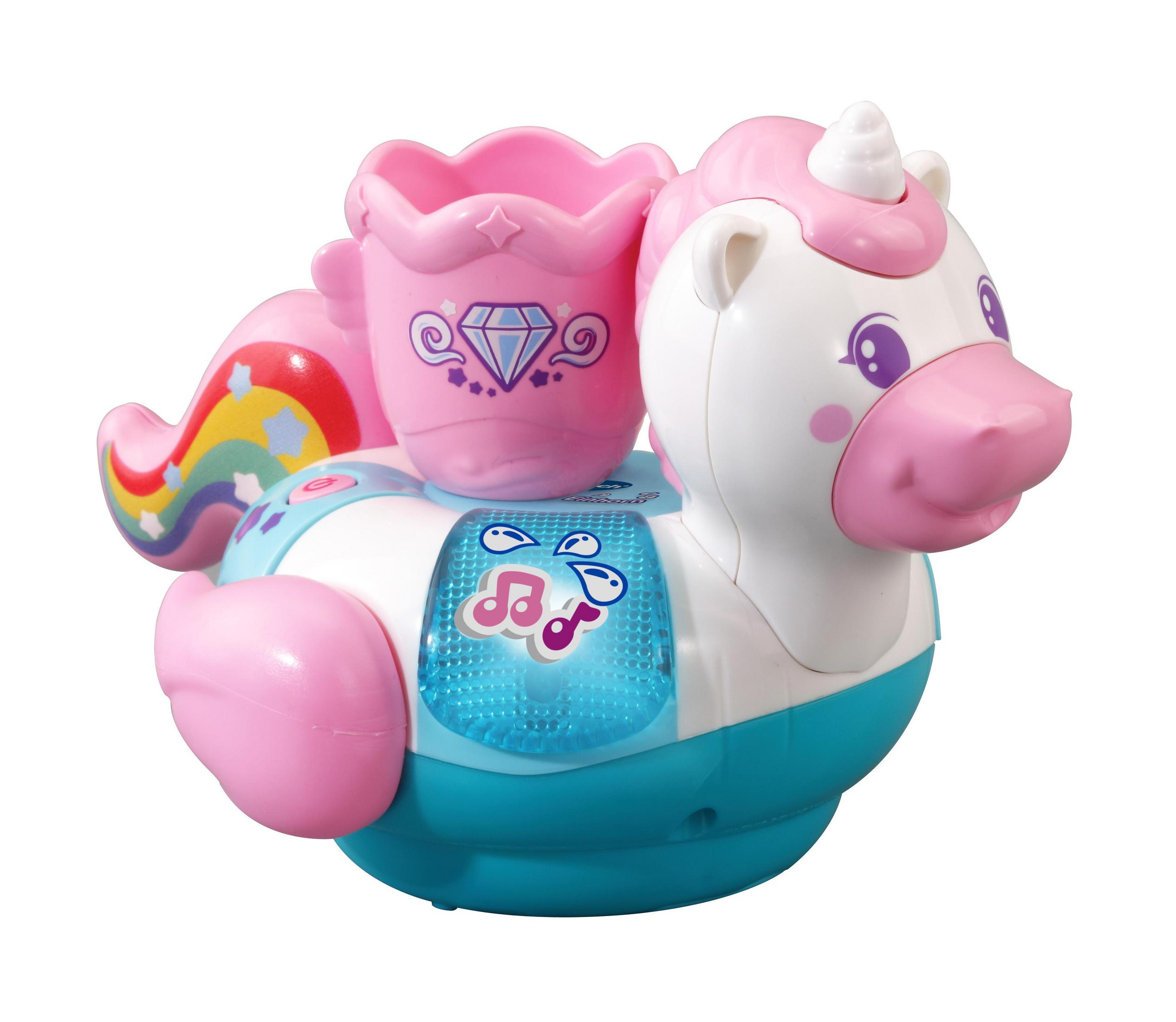 Ein rosa und weißes Spielzeug-Einhorn mit einem Regenbogen-Schwanz und einer rosa Tasse auf dem Rücken.