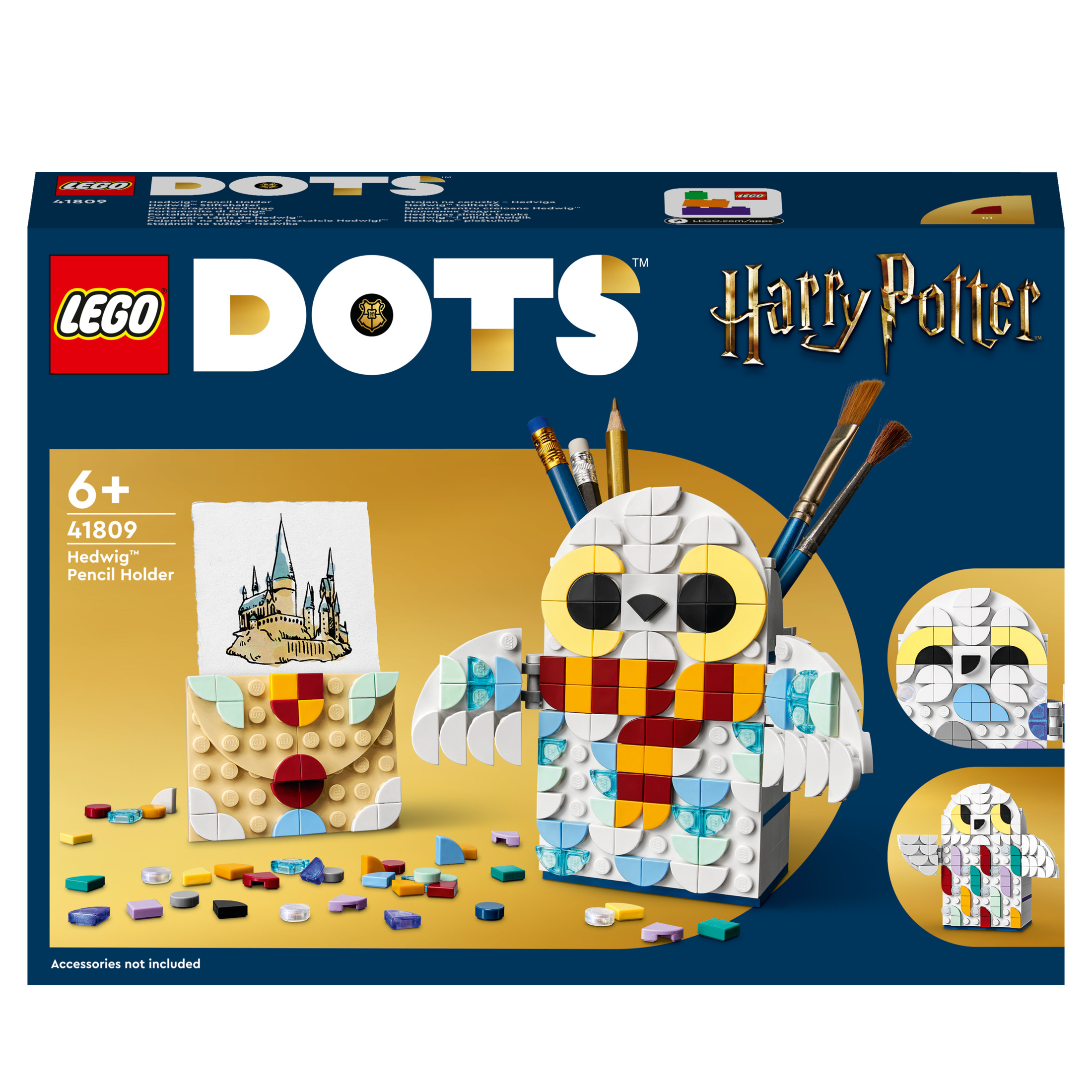 LEGO Dots Harry Potter Stifthalter-Set. Mit einem Hedwig-Eulen-Design und verschiedenen bunten LEGO-Teilen.