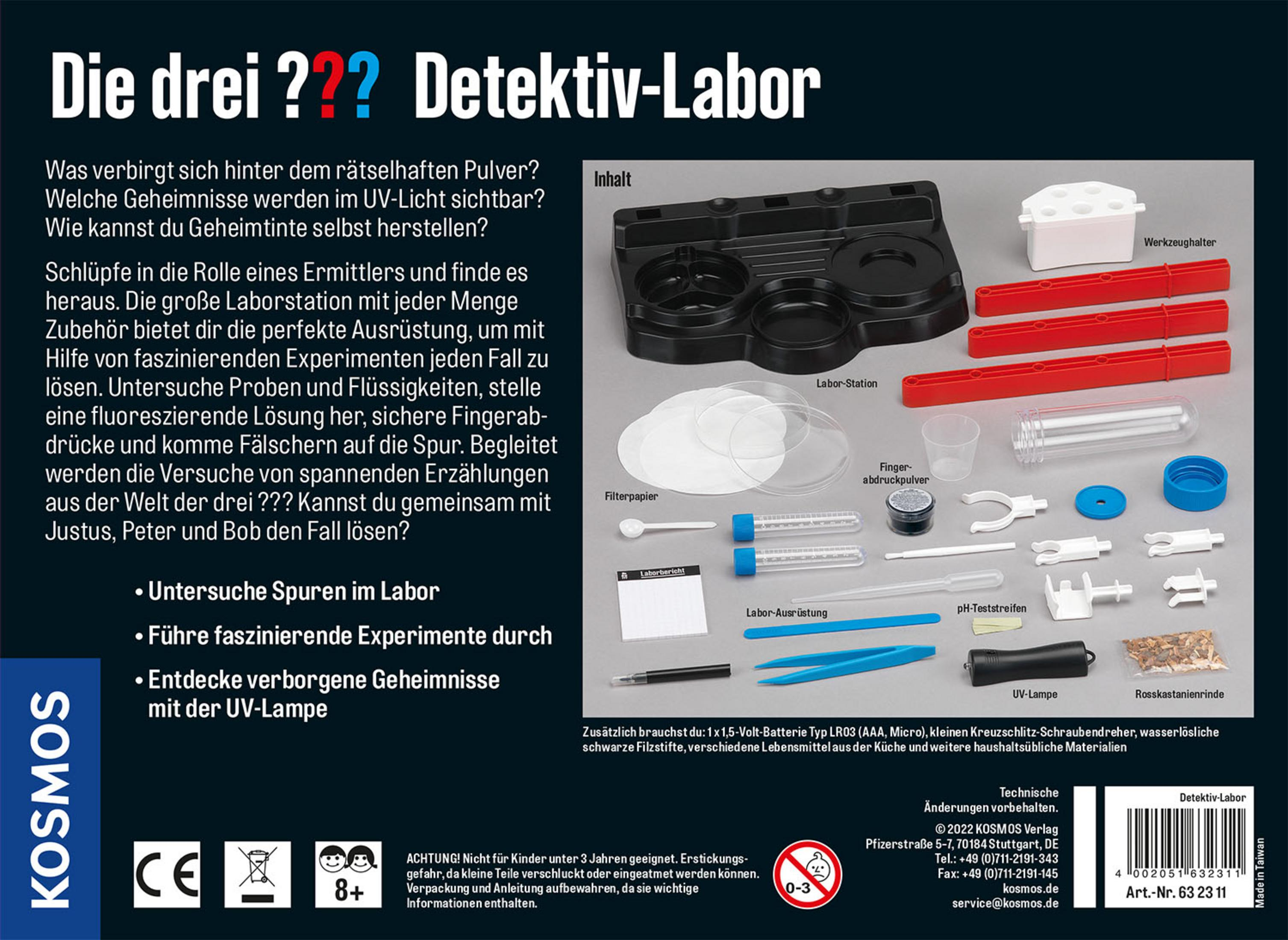 Rückseite einer Kosmos Detektiv-Labor-Box. Text und Bilder von Laborausrüstung und Experimenten.