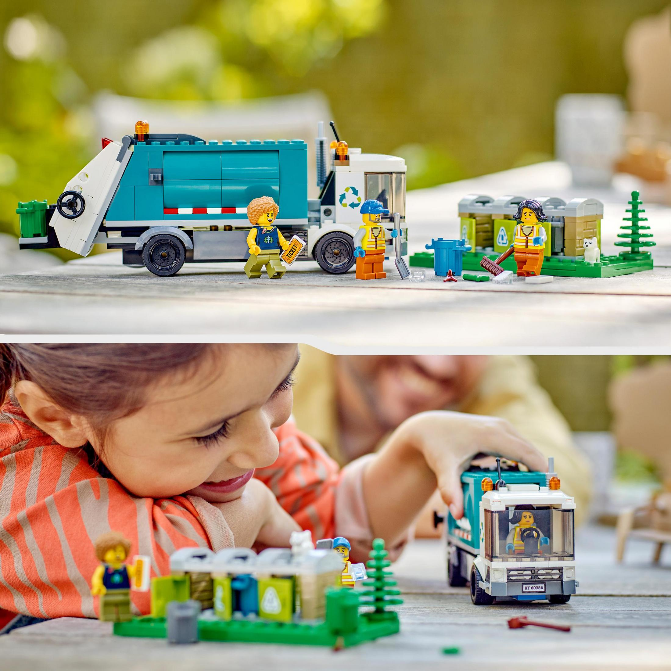 Lego City Set. Zeigt einen Müllwagen und Figuren von Arbeitern und Kindern, die damit spielen.