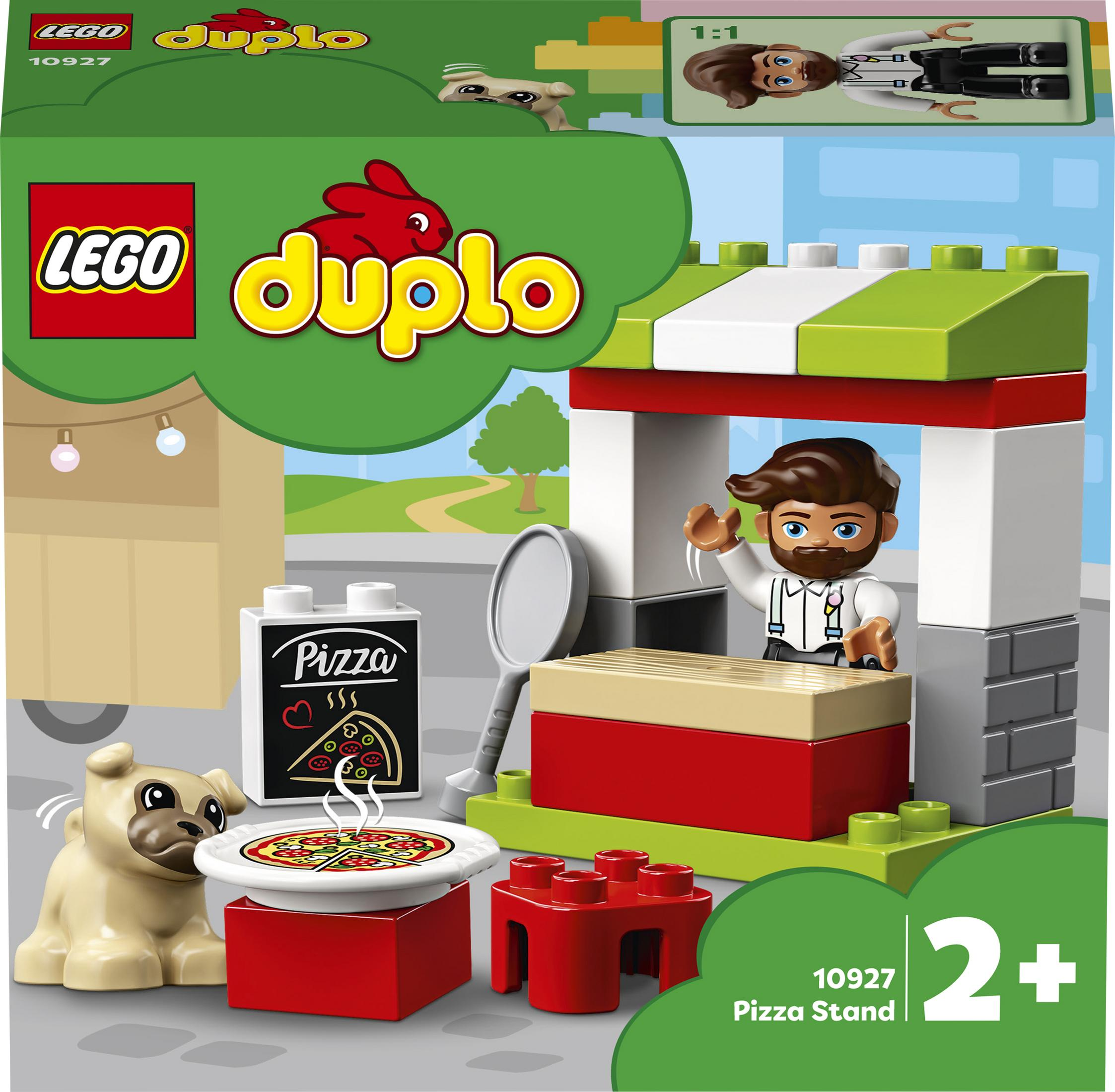 Lego Duplo Pizzastand-Set mit Figur, Pizza und einem Hund.