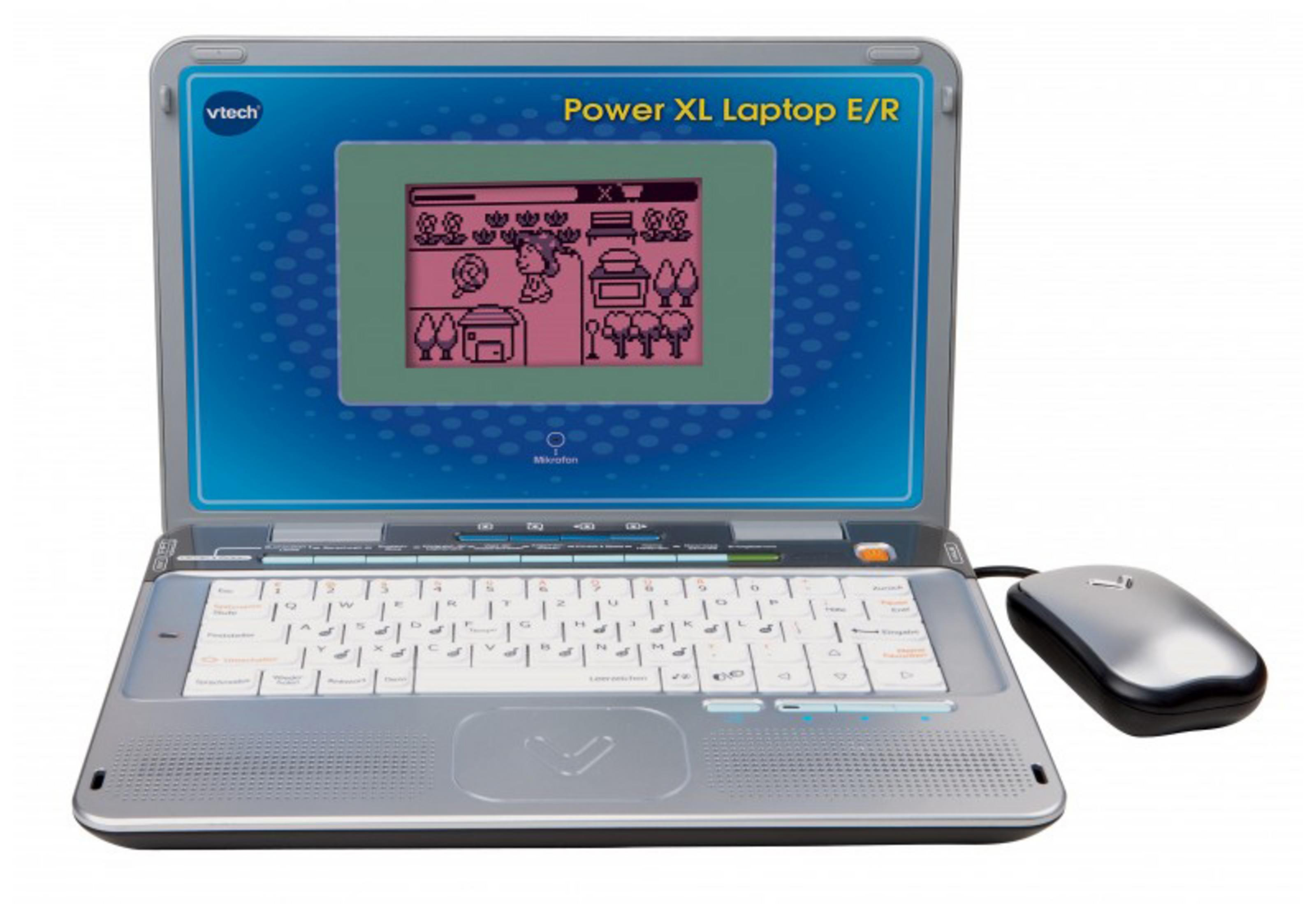 Ein Vtech Power XL Laptop E/R Spielzeug mit einem Bildschirm, der eine Stadtszene und eine Maus zeigt.