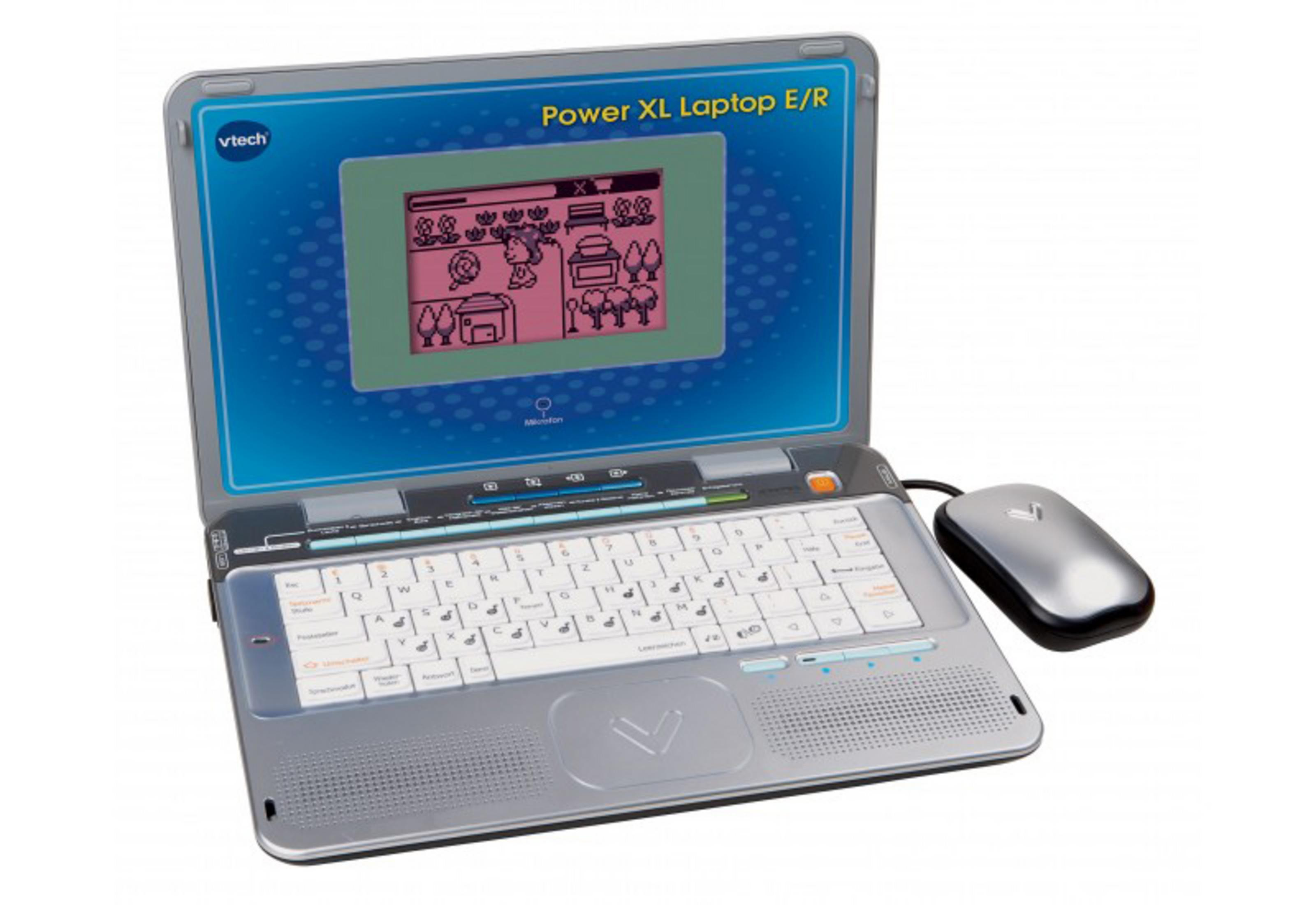 Ein grauer und silberner Spielzeug-Laptop mit einem Bildschirm, der eine Zeichentrickszene zeigt.