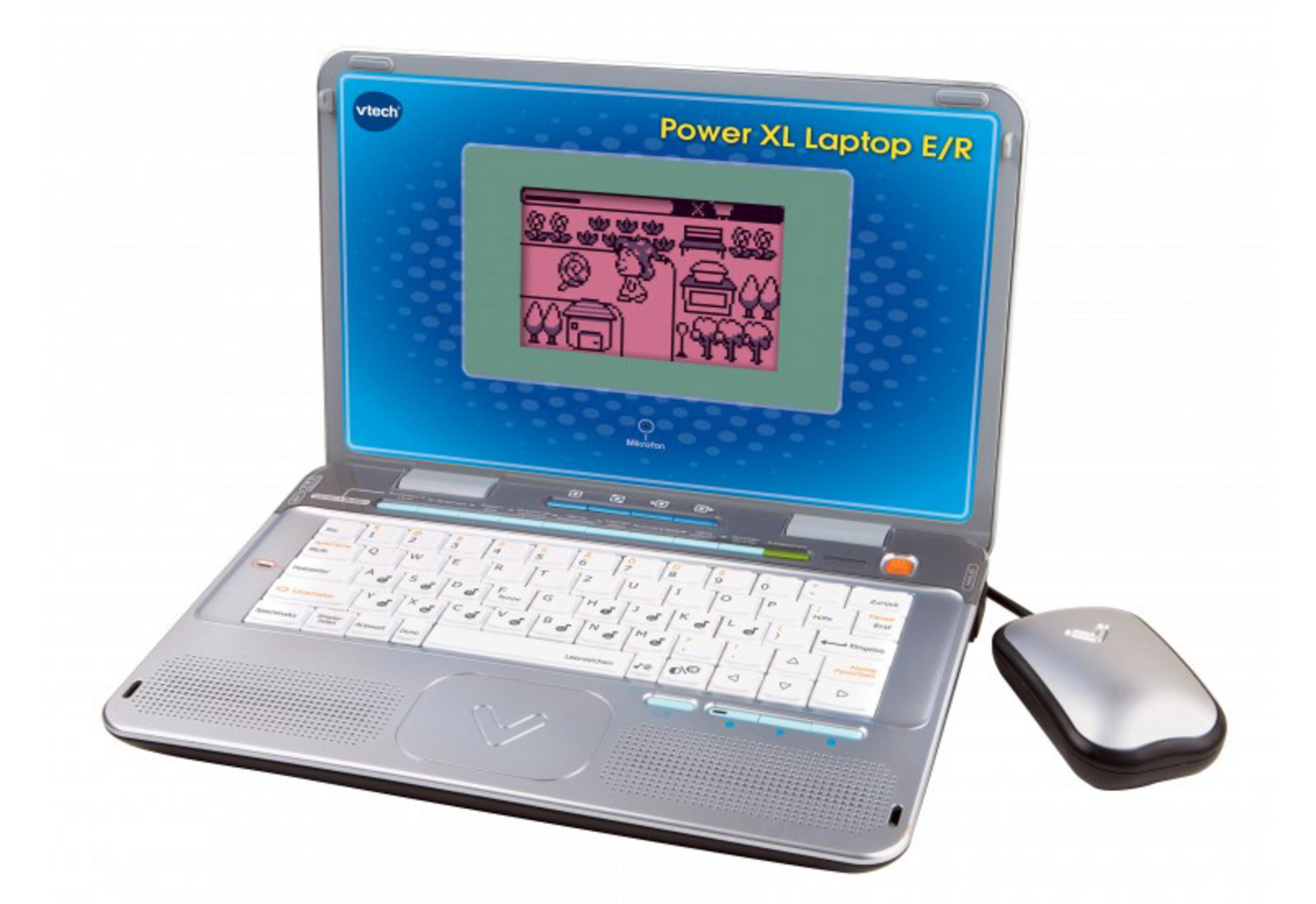 VTech Power XL Laptop E/R. Grauer Laptop mit einem rosa-grünen Bildschirm.