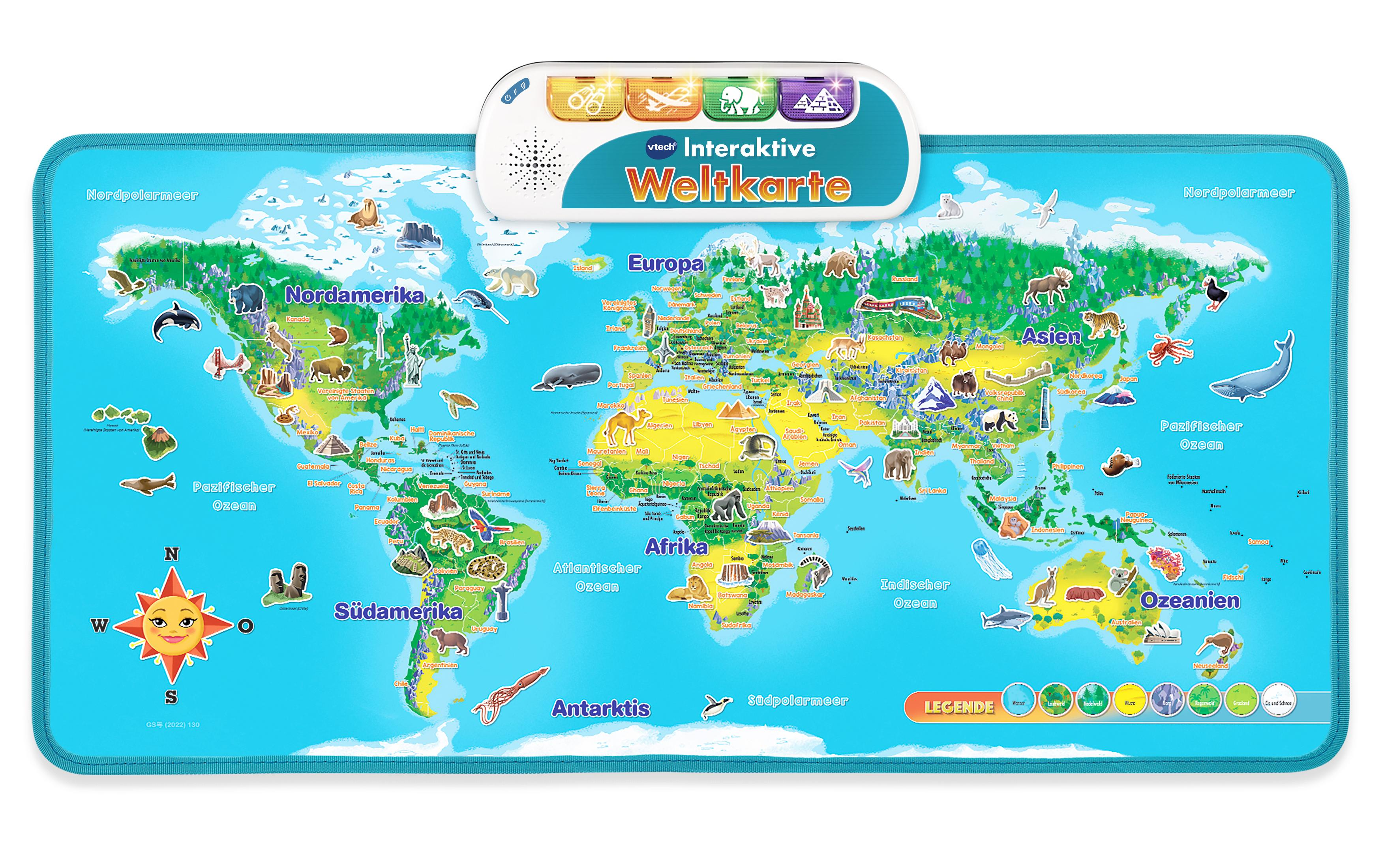 Interaktive Weltkarte mit Tier- und Landmarkenillustrationen, vor weißem Hintergrund.