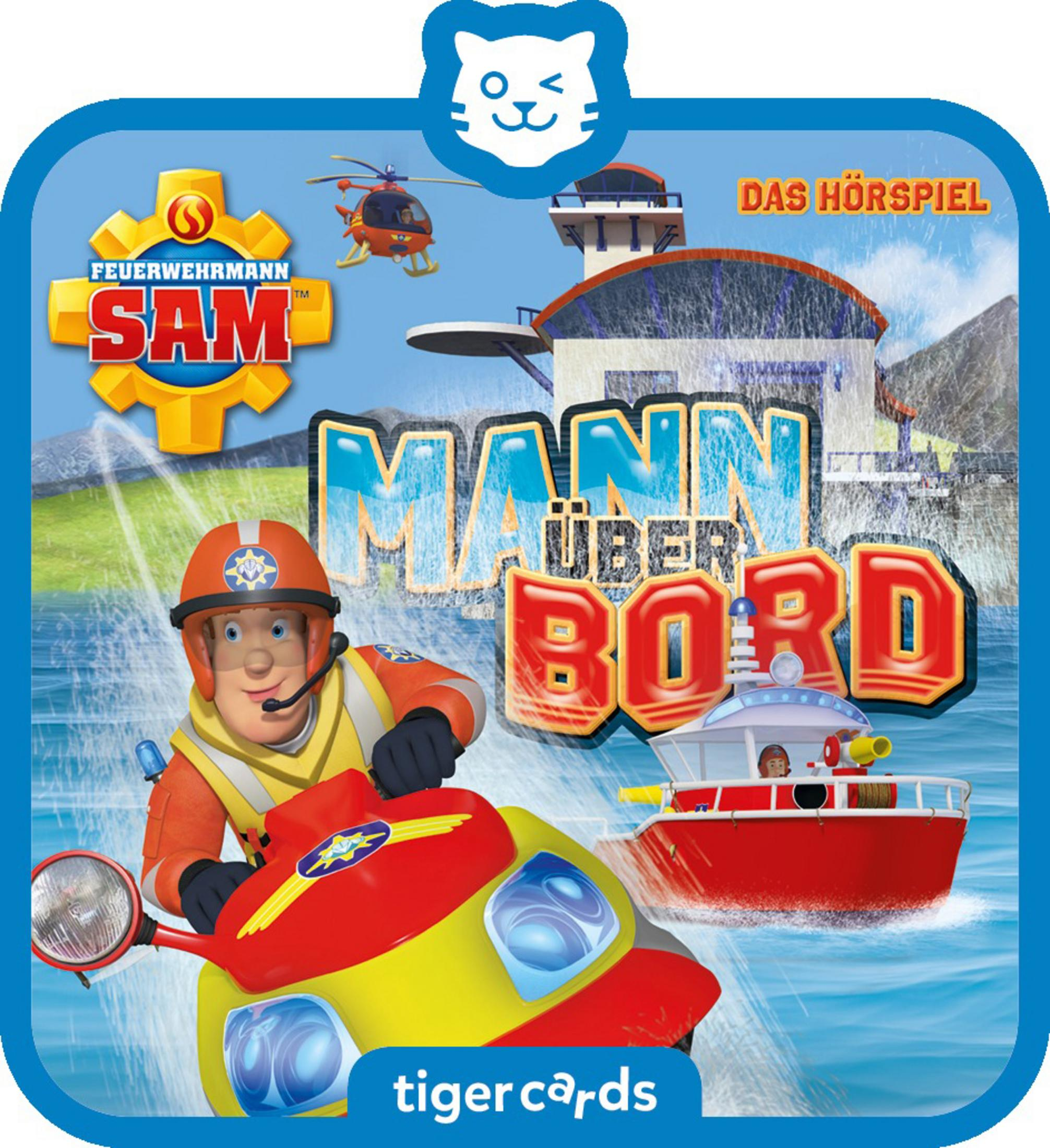 Kinderbuchcover mit einem Feuerwehrmann, einem Boot und dem Titel 'Mann Über Bord'.