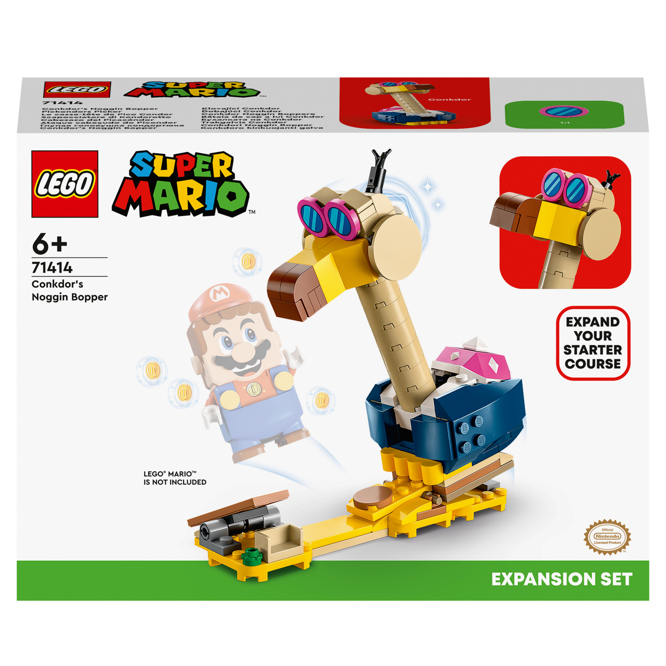 Eine LEGO Super Mario Conkdor's Noggin Bopper Erweiterungsset-Box mit Mario-Figur.