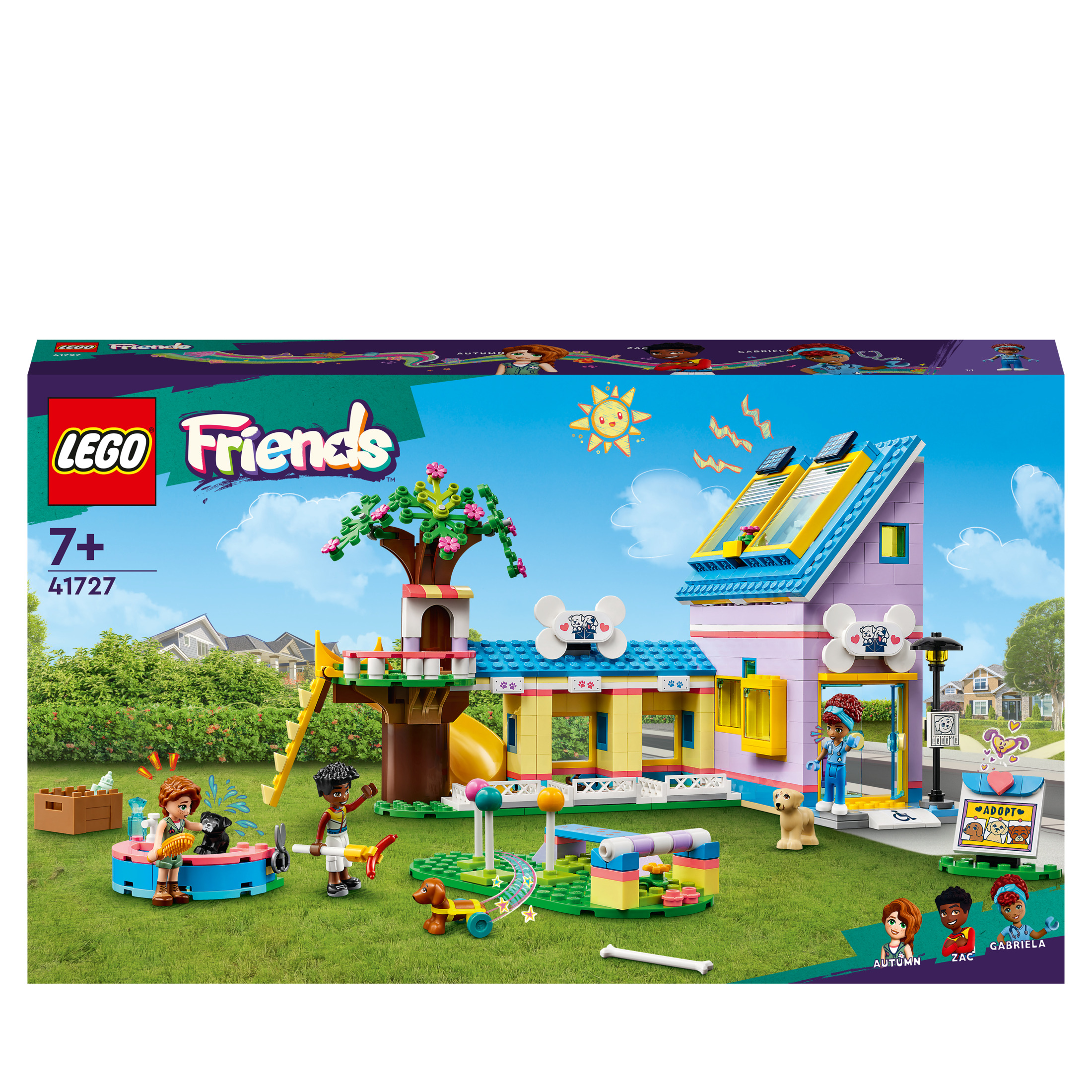Lego Friends set kutusu. Çocuklar setle oynuyor. Set, bir köpek kreşi ve oyun alanı içeriyor.