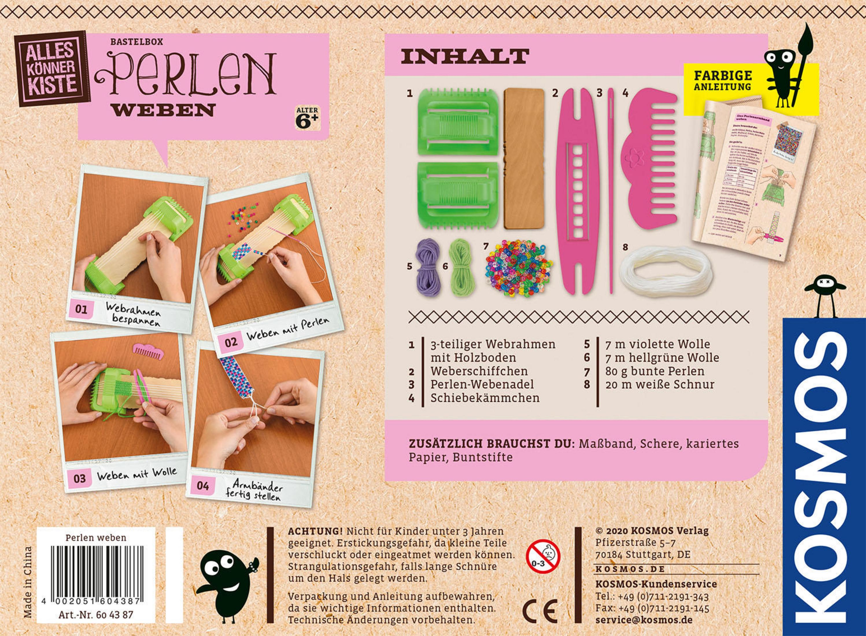 Un set per tessere perline. Include istruzioni, perline e strumenti per tessere.