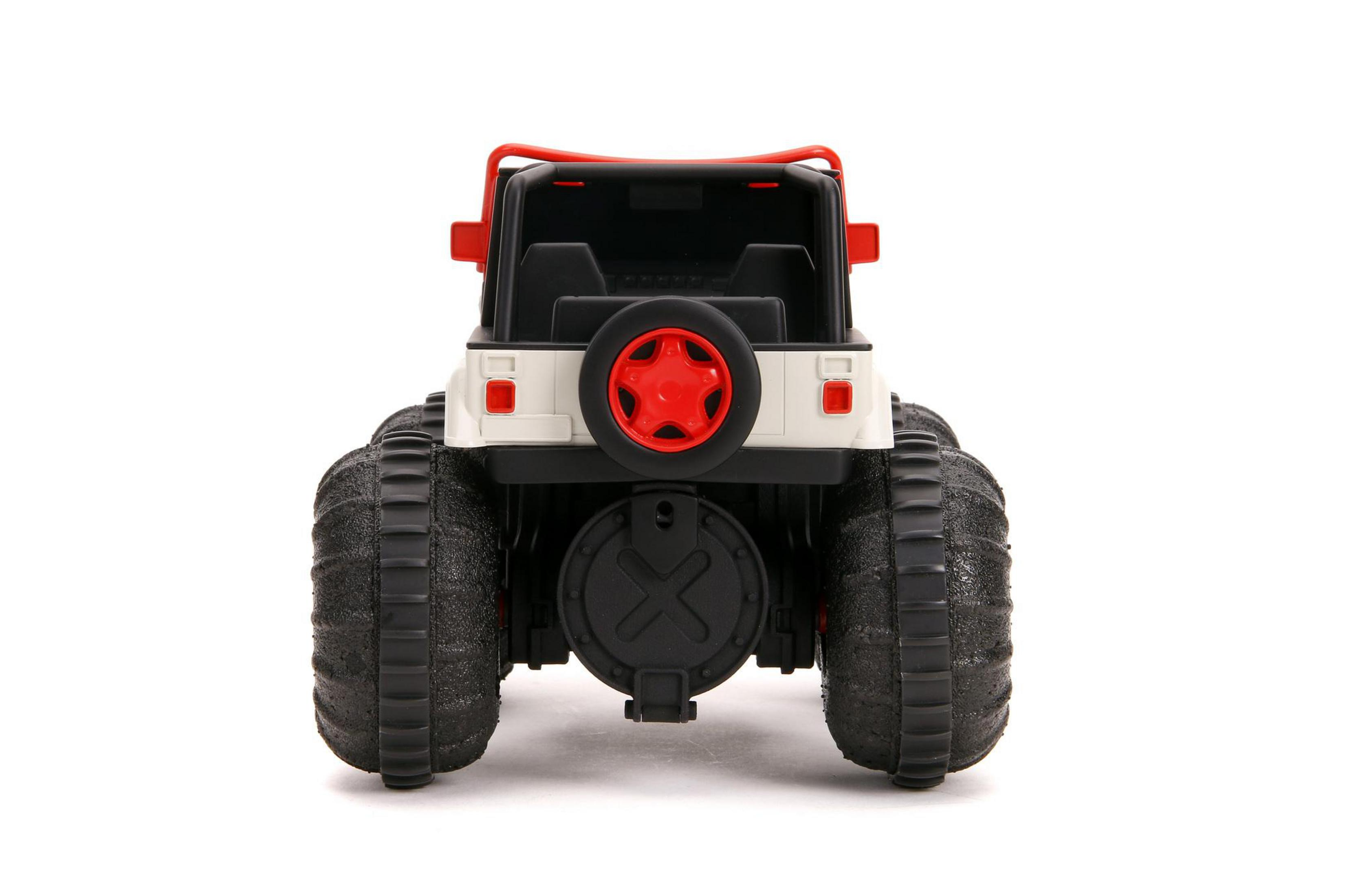 Rückansicht eines Spielzeug-Jeeps. Weiß mit roten Akzenten. Schwarze Reifen. Rote Radkappen.