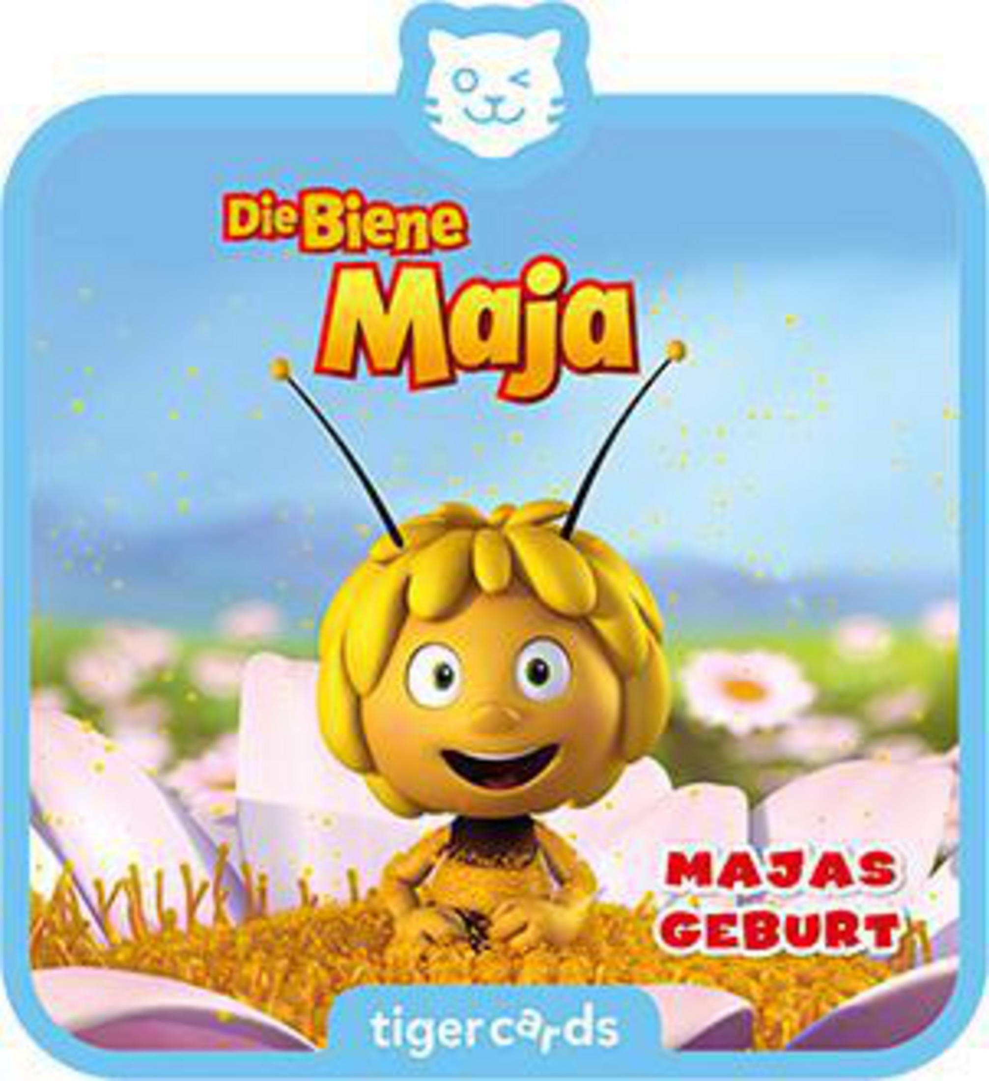 Kinderbuchcover mit Biene Maja. Gelbe Biene mit Antennen, lächelnd, in einem Blumenfeld.