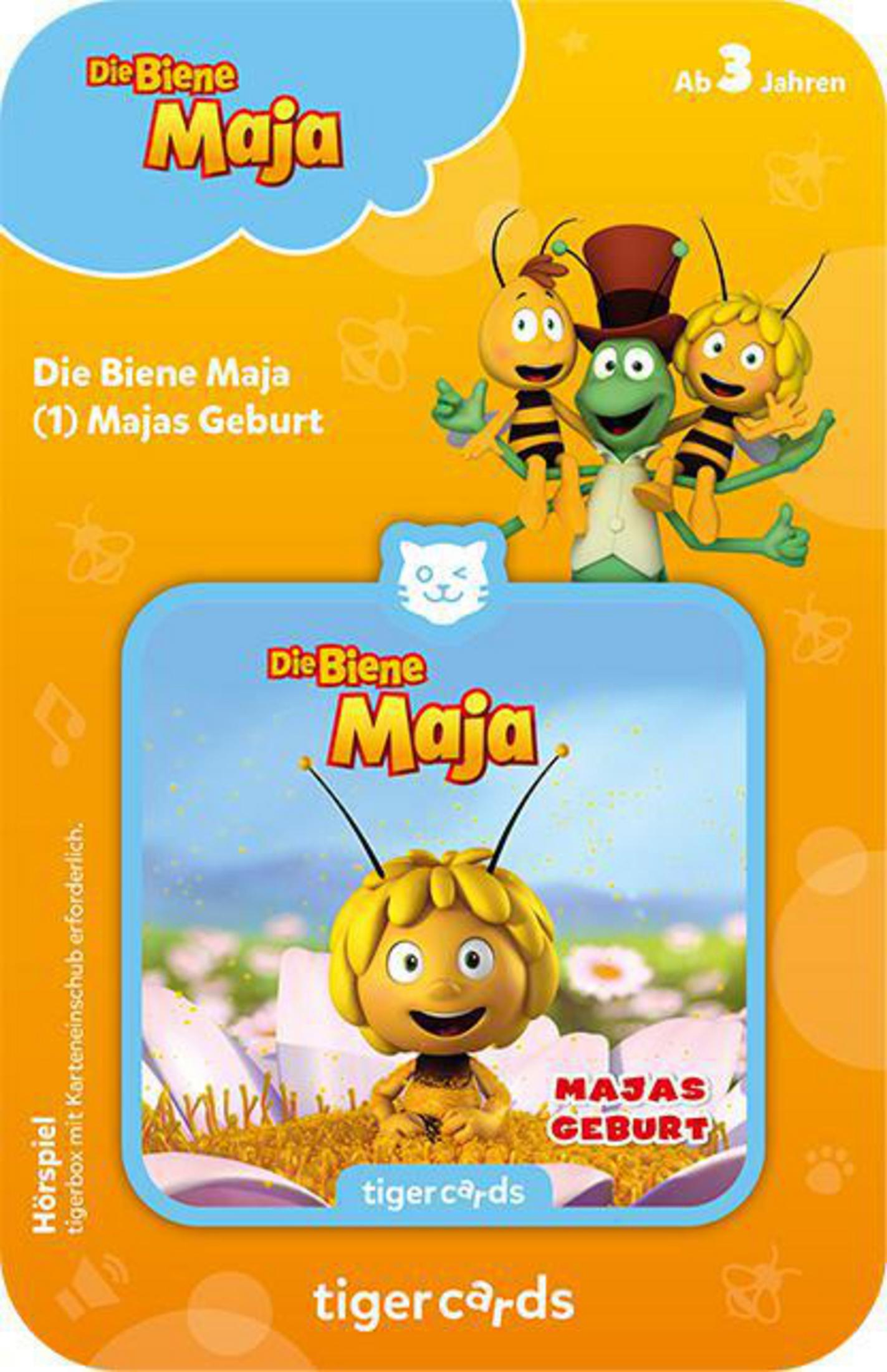 Maja die Biene Karte. Drei Zeichentrickbienen oben. Gelber Hintergrund.