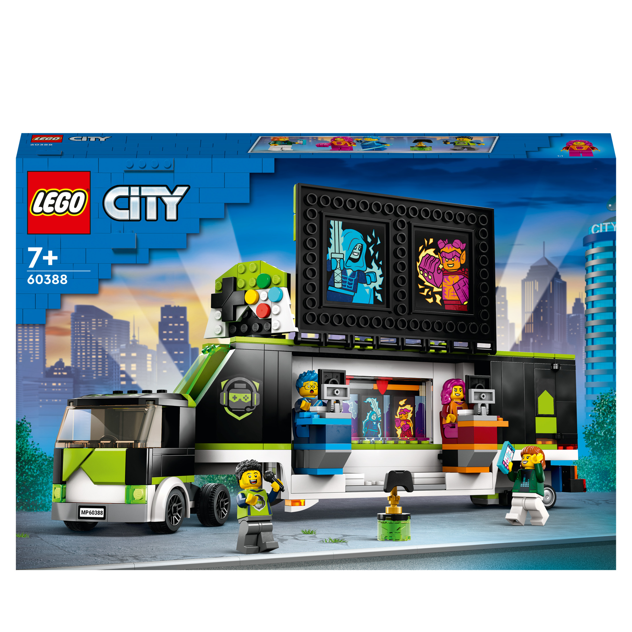 Caja Lego City. Presenta un camión con una gran pantalla, minifiguras y el logotipo de Lego City en la parte superior.