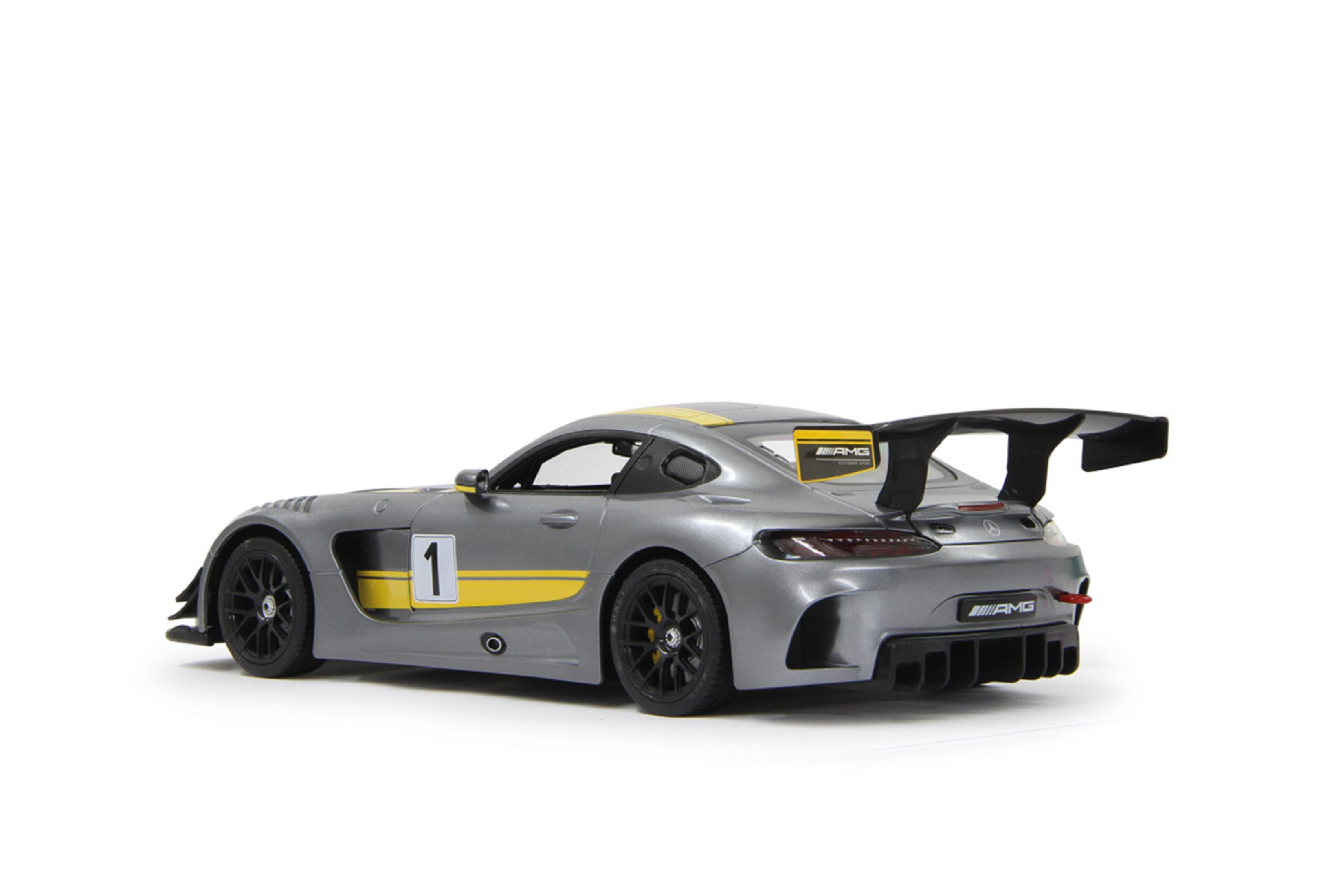 Graues Spielzeug-Sportauto mit gelbem Streifen und Nummer 1. Schwarzer Spoiler.