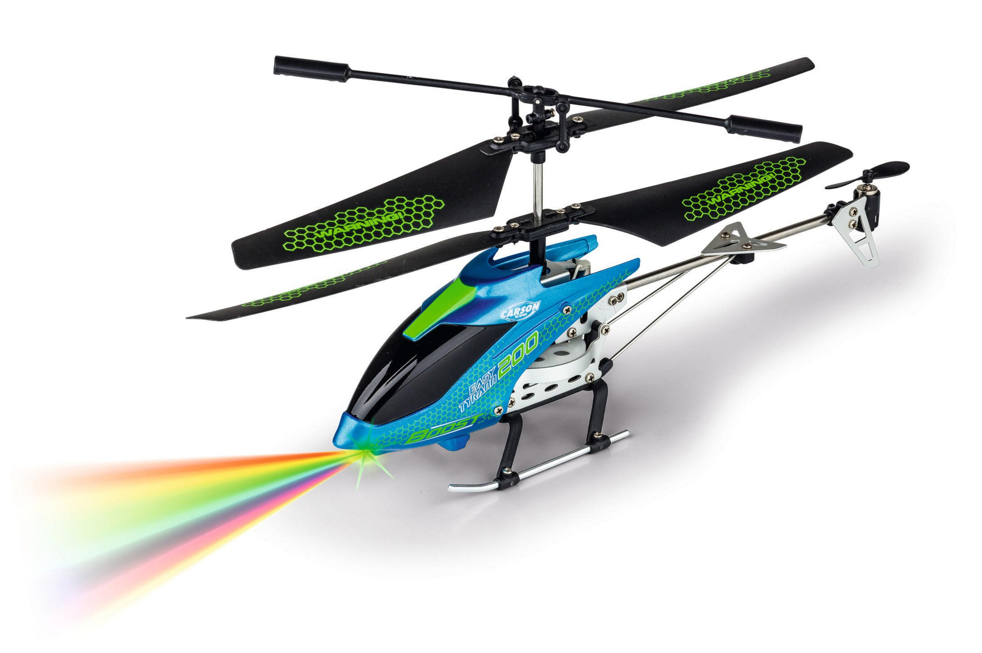 Blau-grüner Spielzeug-Hubschrauber mit Regenbogenlicht.