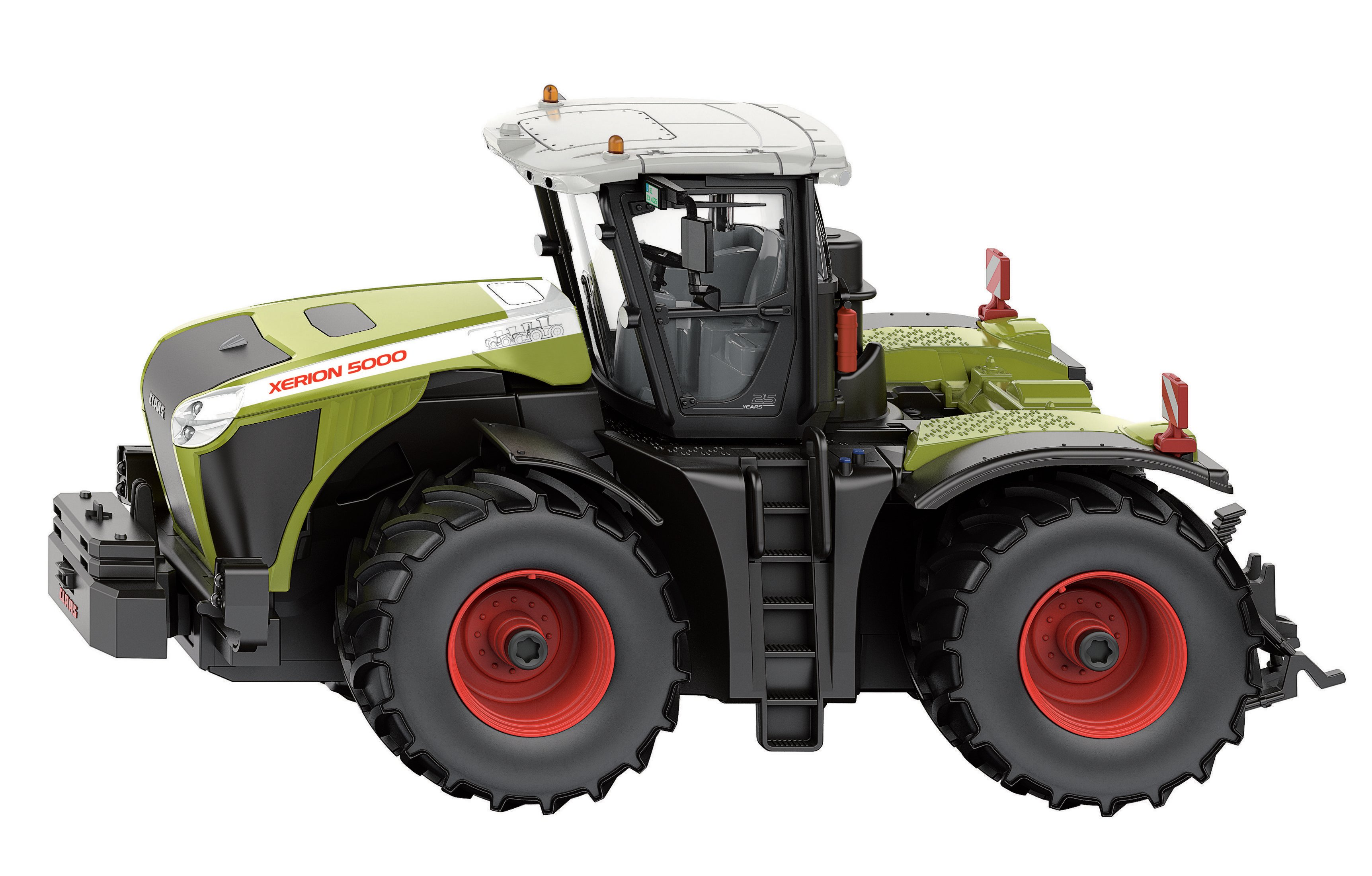 Ein grüner und schwarzer Traktor mit roten Rädern. Das Logo 'XERION 5000' ist sichtbar.