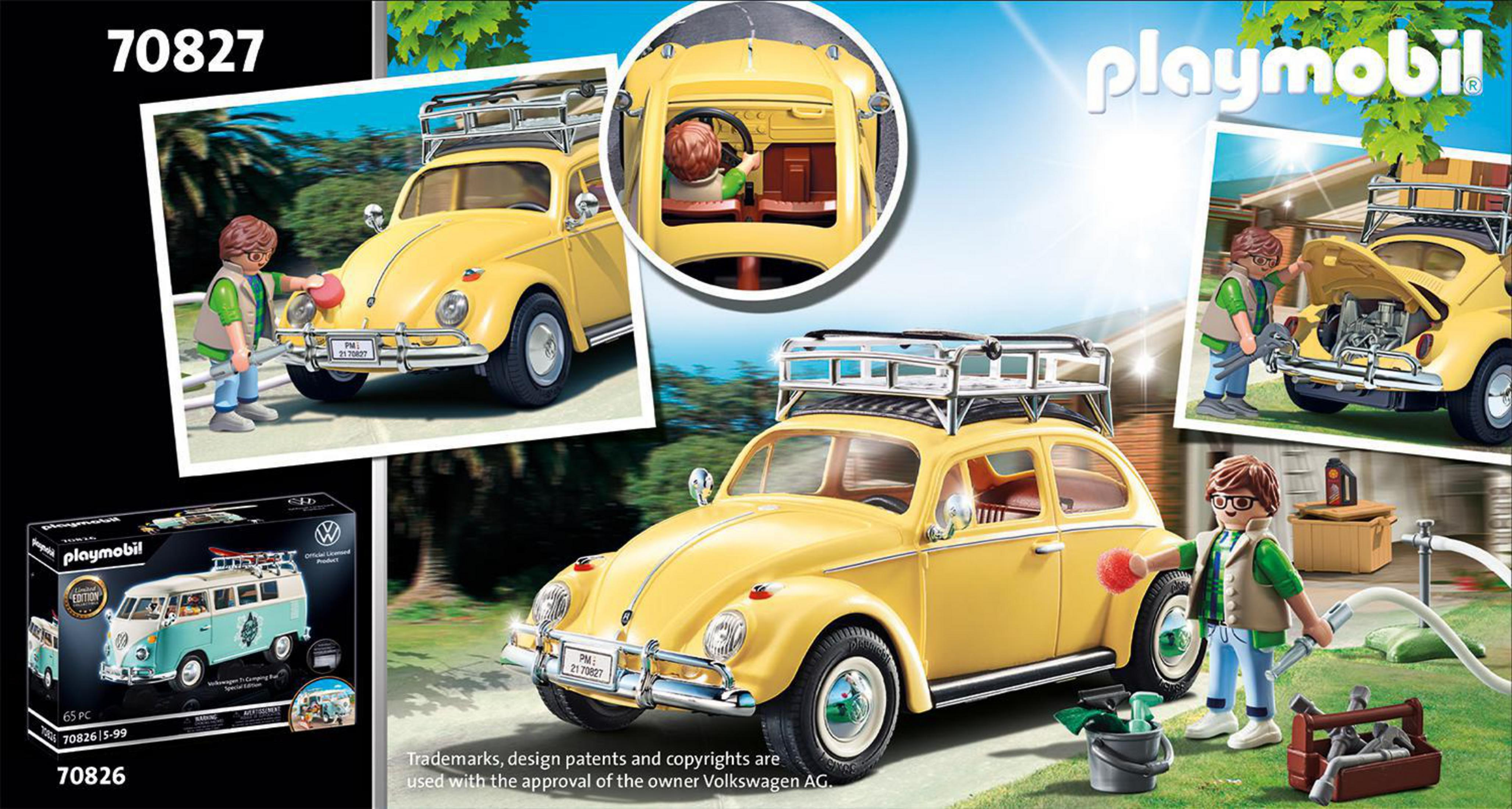 Set Playmobil con un Maggiolino VW giallo. Un uomo lo lava e ci lavora.