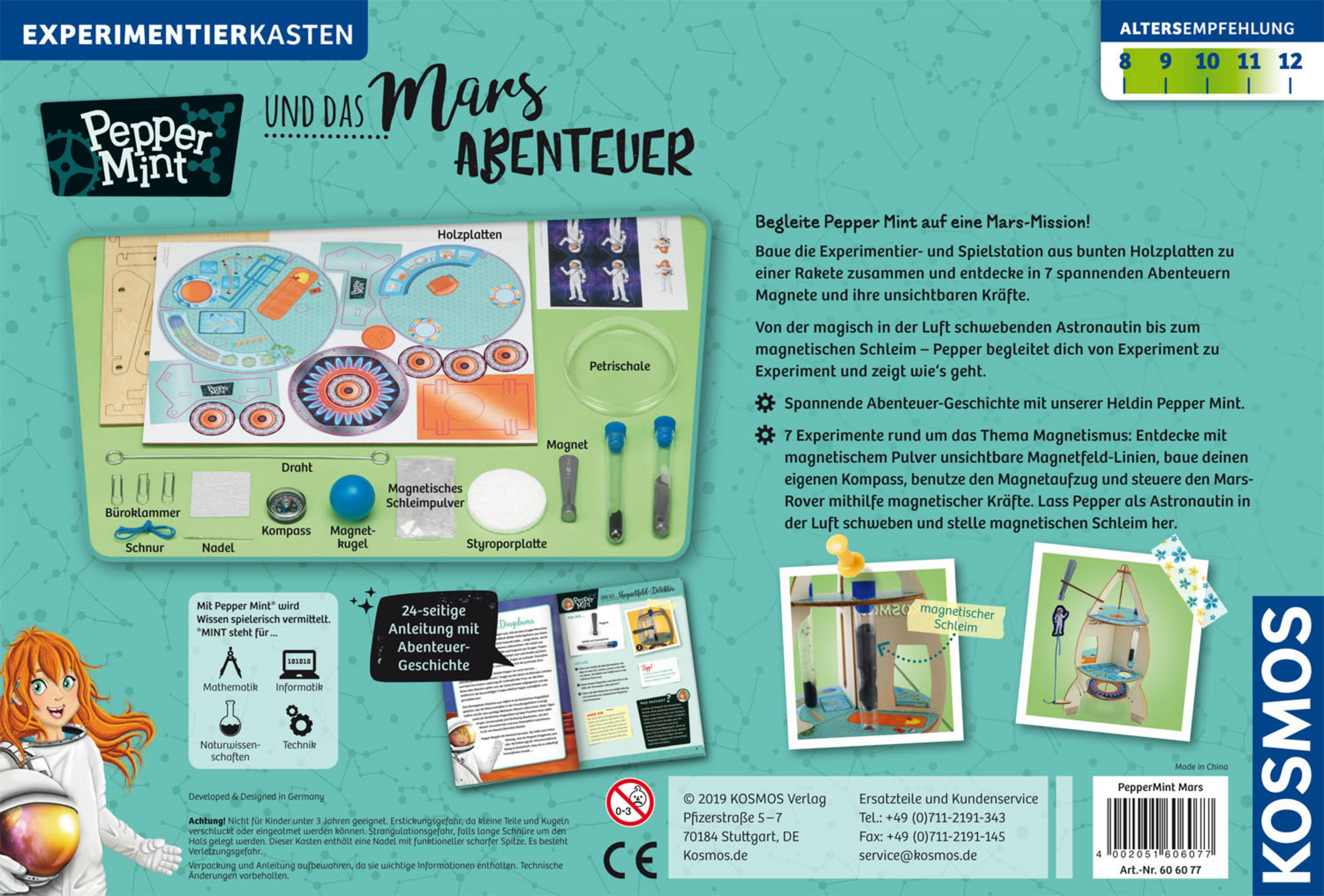 Lernspielbox mit Text, Illustrationen und einem wissenschaftlichen Aufbau.