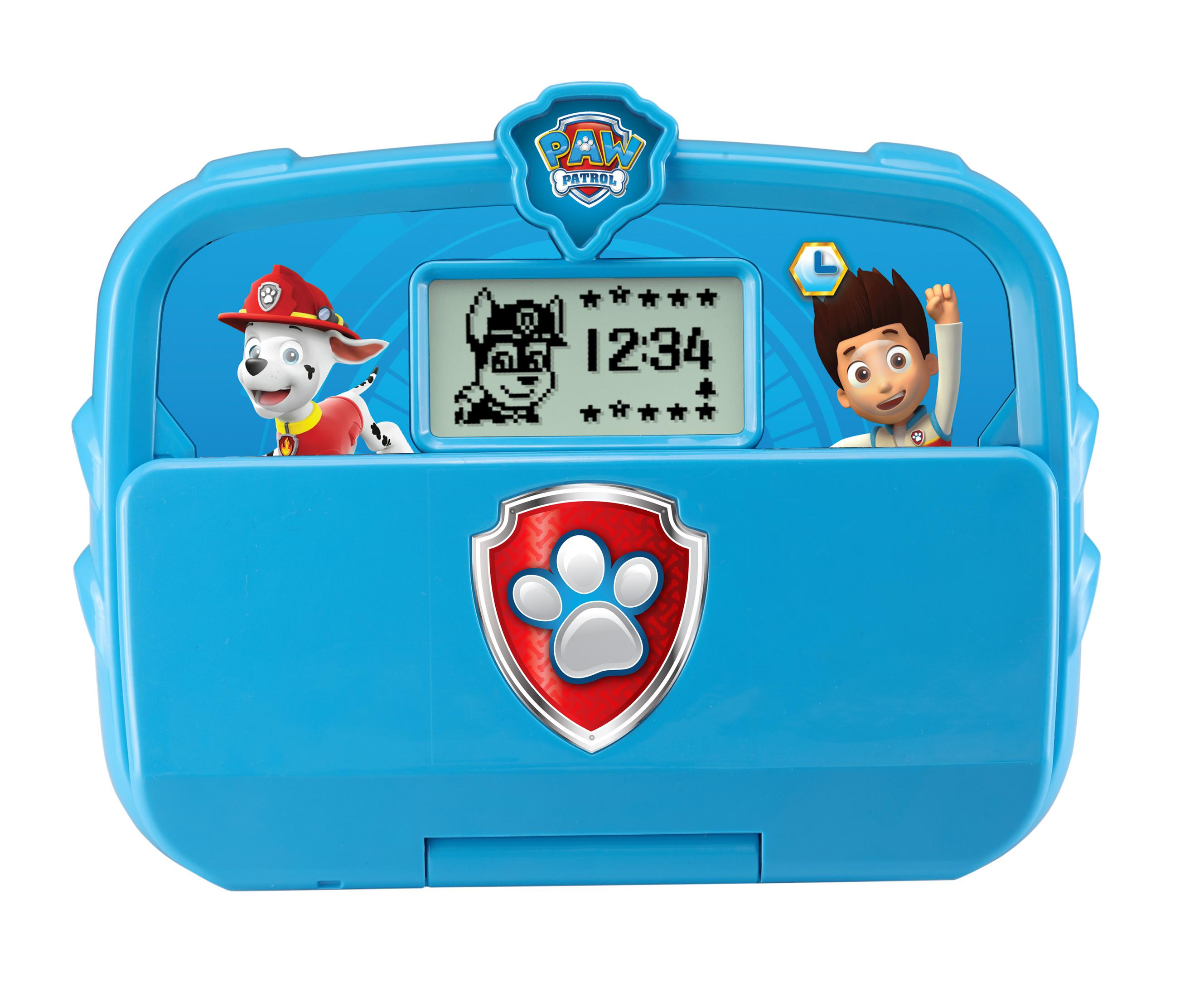 Paw Patrol Spielzeug mit Marshall und Ryder. Blaue Hülle mit Digitalanzeige, die die Zeit anzeigt.