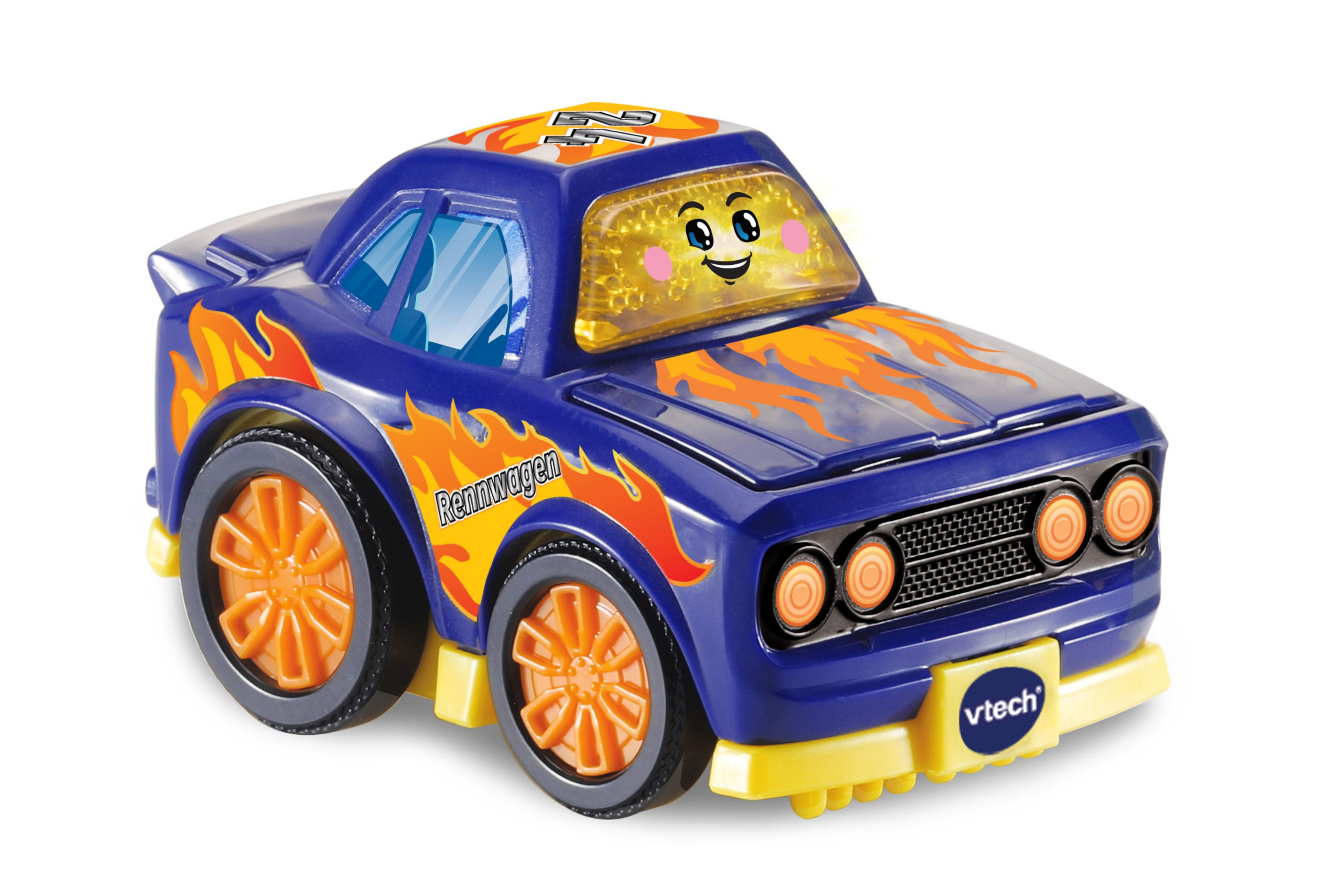 Ein blaues Spielzeug-Rennauto mit orangefarbenen Flammen und Rädern sowie einem lächelnden Gesicht auf der Windschutzscheibe.