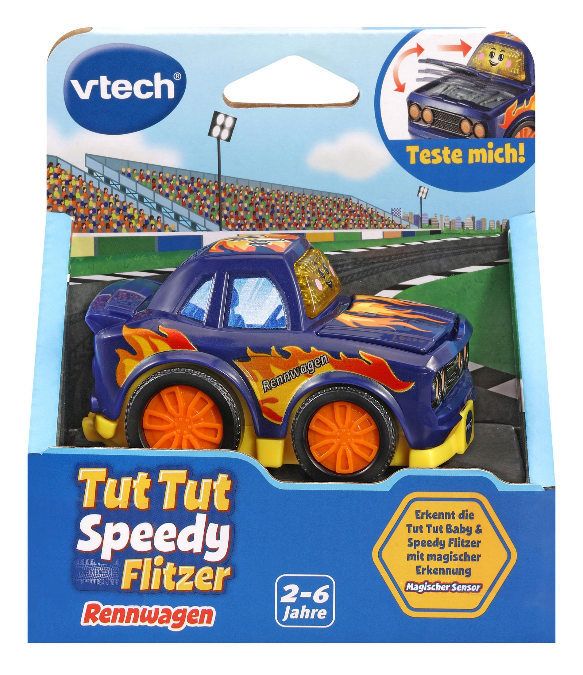 Blaues Spielzeugauto mit orangen Rädern in einer Box, mit Rennstrecken-Grafik.
