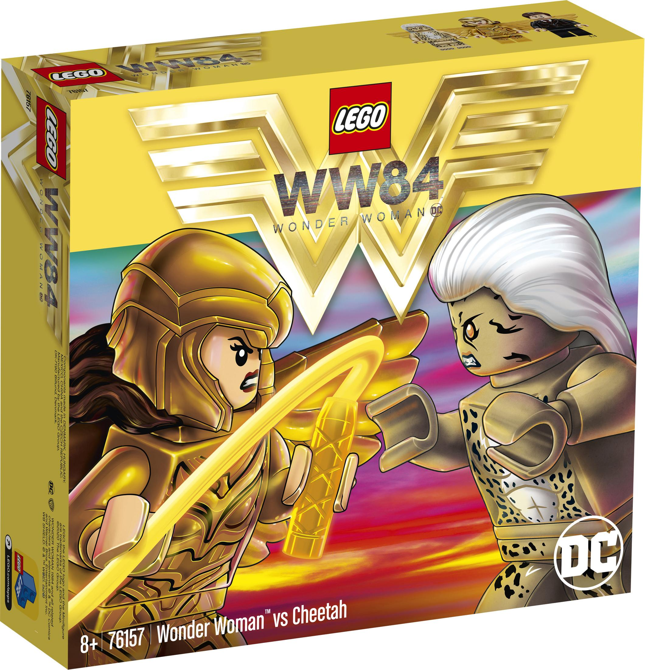 Eine Lego-Box mit Wonder Woman gegen Cheetah. Die Figuren sind mit einem goldenen Lasso in Aktion.