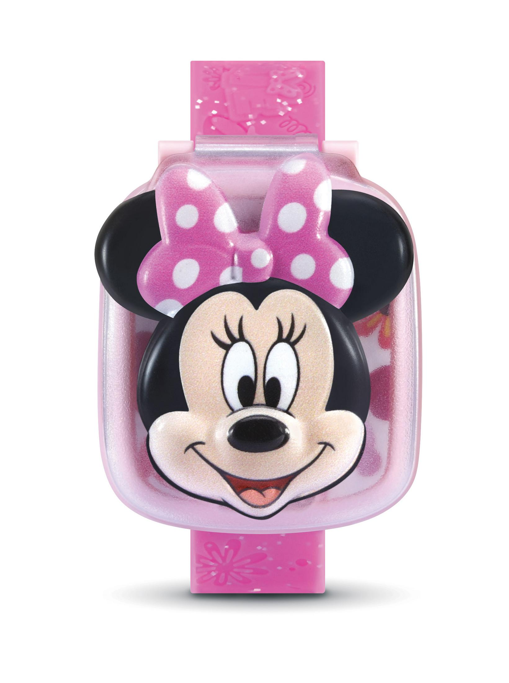 Rosa Minnie Mouse Uhr mit weißer gepunkteter Schleife und lächelndem Minnie Gesicht.