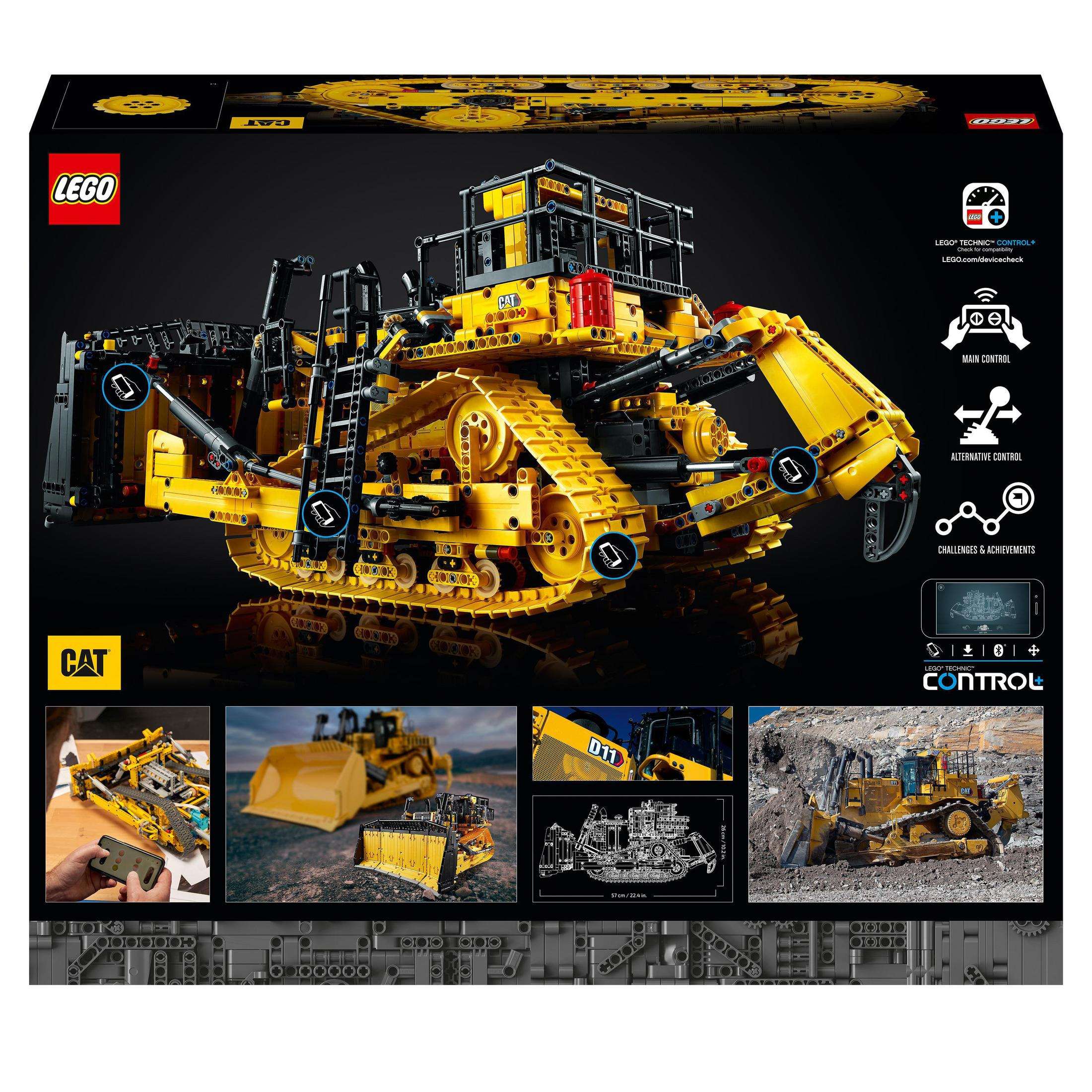 Pudełko z LEGO Technic CAT spychaczem. Zawiera spychacz, funkcje sterowania i zdjęcia w akcji.