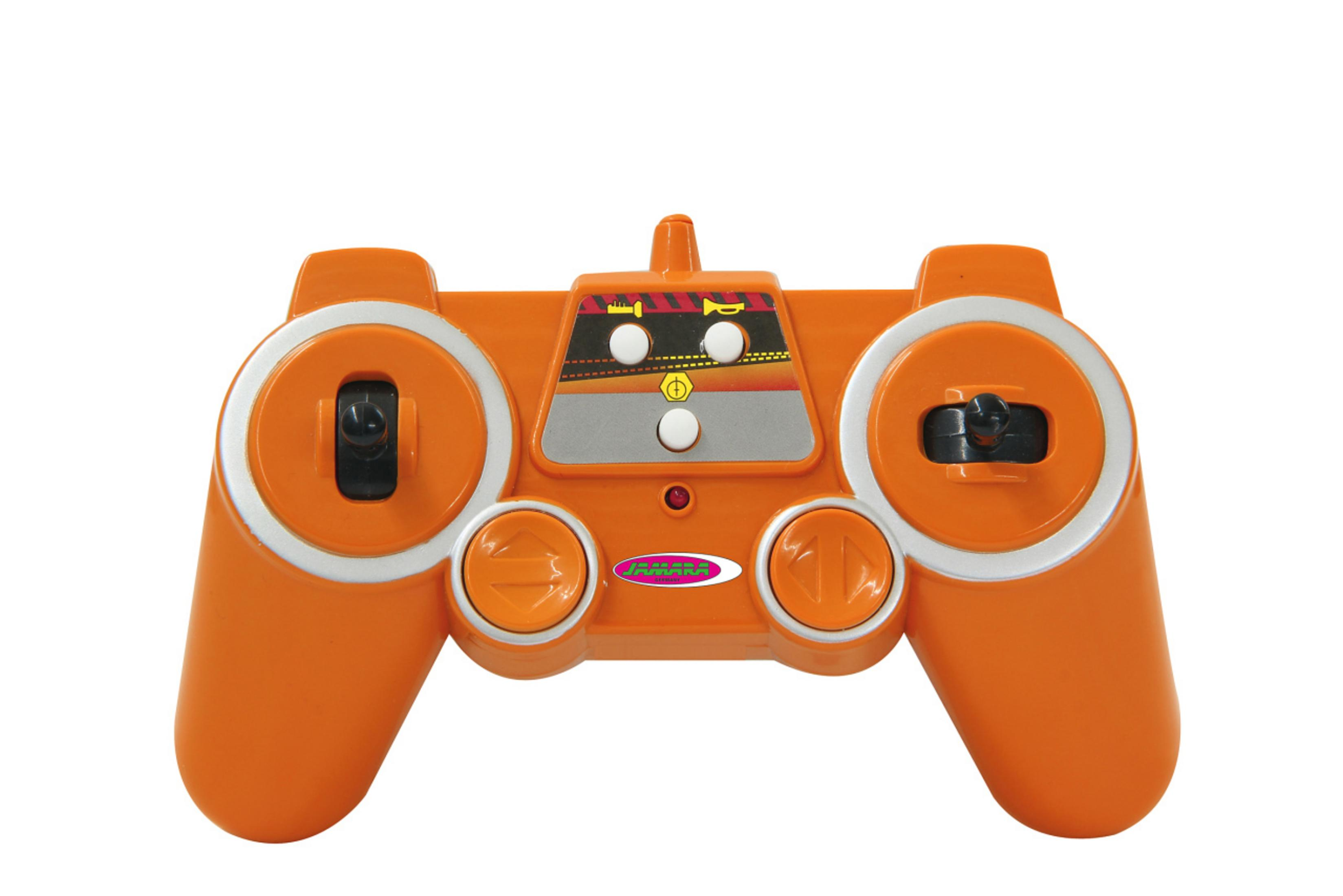 Orangene Spielzeug-Fernbedienung mit Knöpfen und einem Joystick.