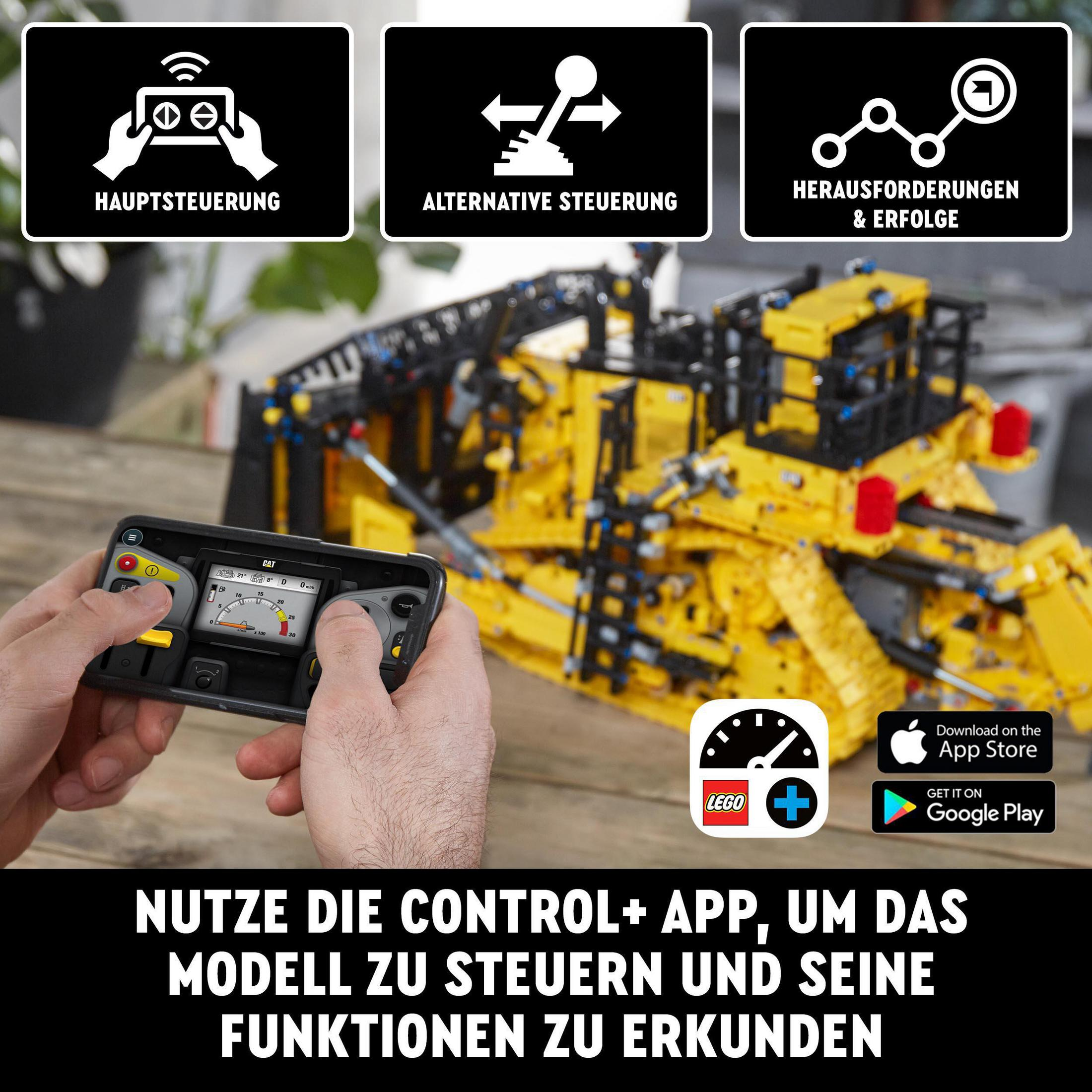 Zestaw Lego z żółtym traktorem i telefonem pokazującym interfejs sterowania.