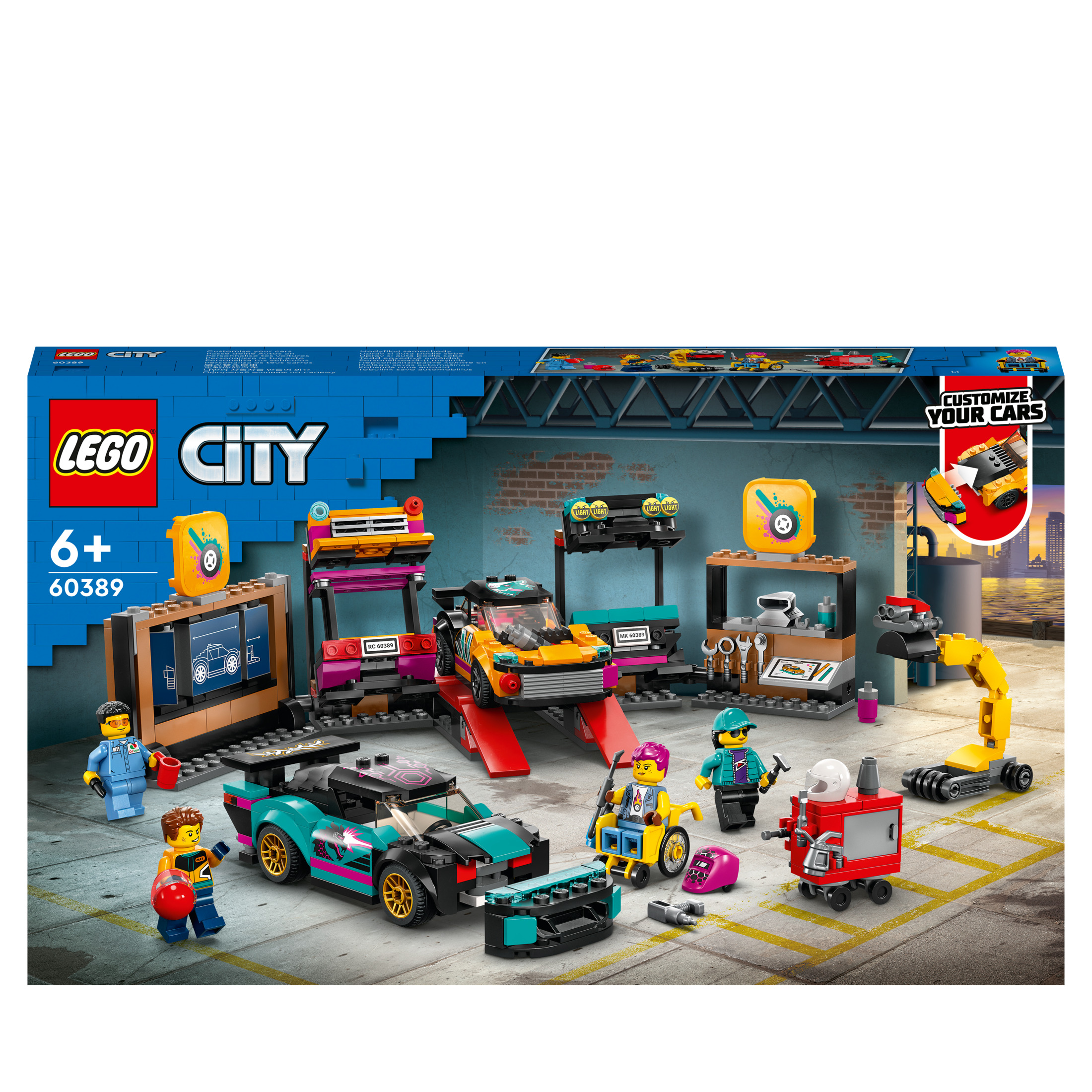 LEGO City Set: eine Autowerkstatt-Szene mit Fahrzeugen, Figuren, Werkzeugen und einem roten Abschleppwagen.