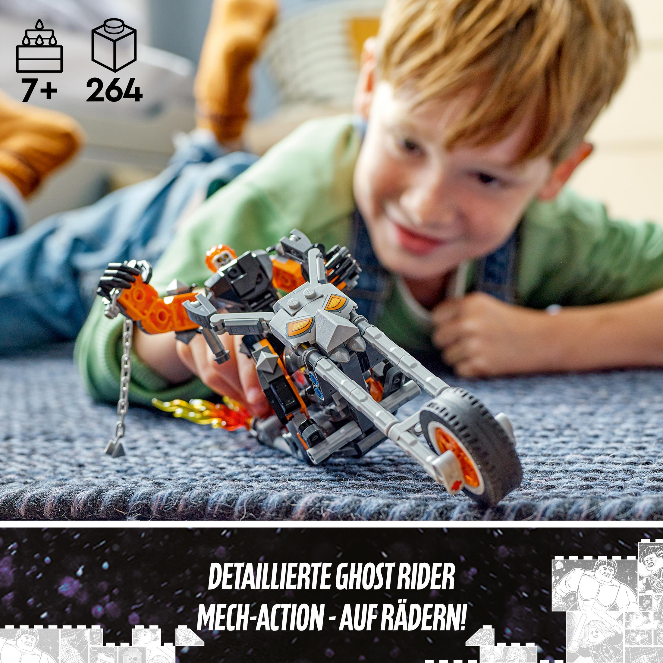 Een jongen met een Lego Ghost Rider mech-action set, getoond op een blauw tapijt.