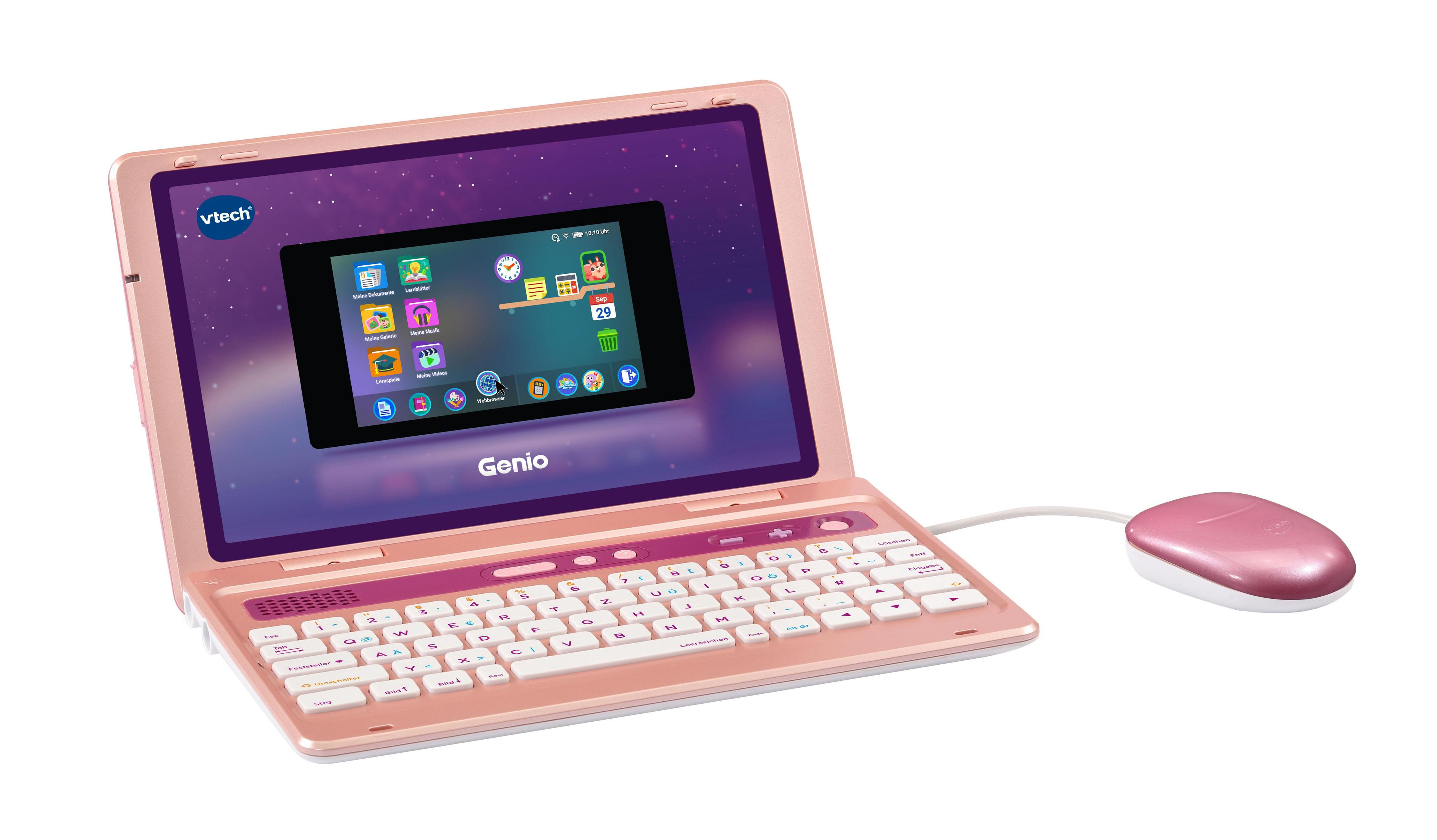 Rosa VTech Genio Laptop-Spielzeug mit Bildschirm, der Lern-Apps zeigt, und rosa Maus.