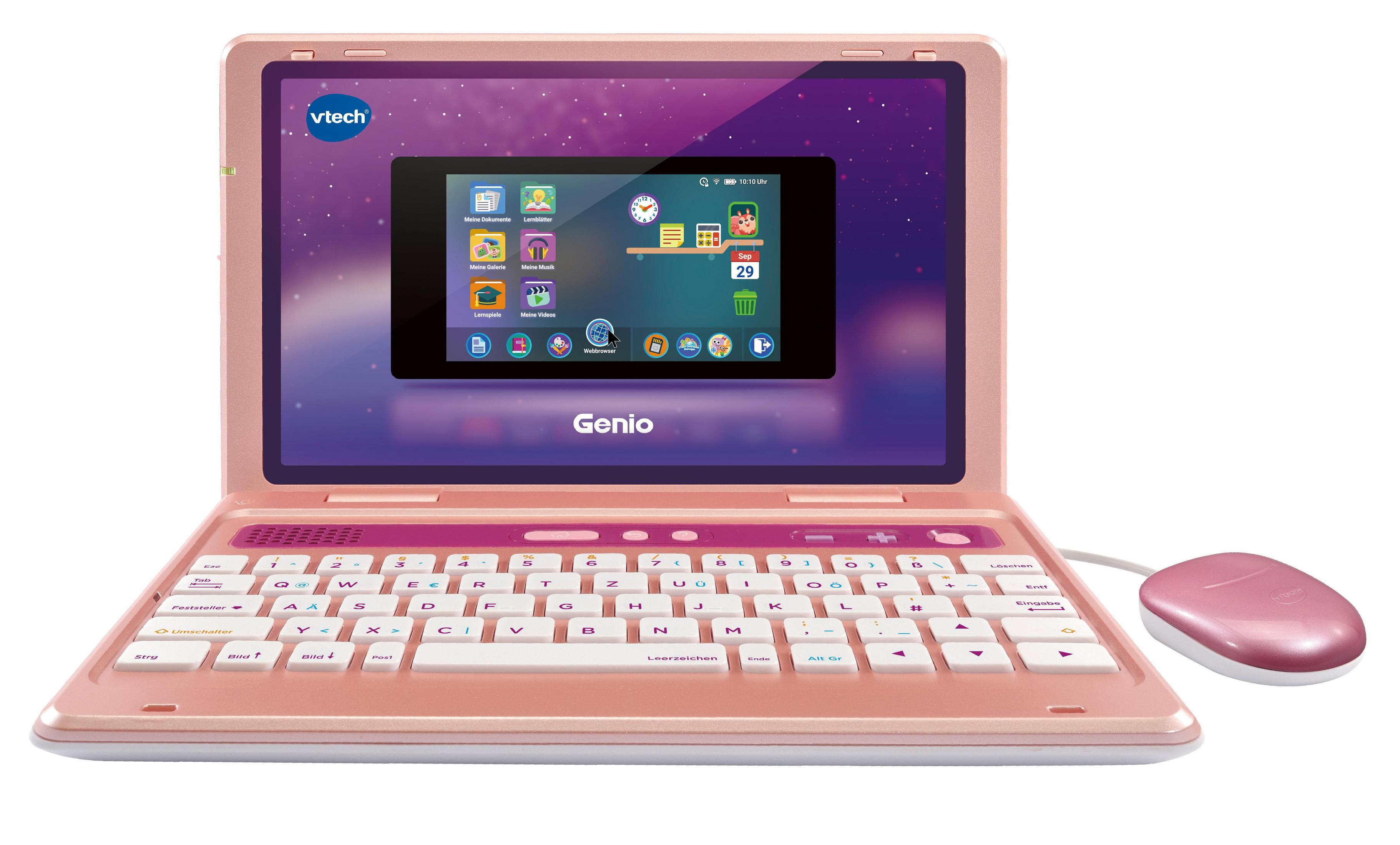 Rosa Vtech Genio Laptop mit Maus, zeigt die Bildschirmoberfläche.