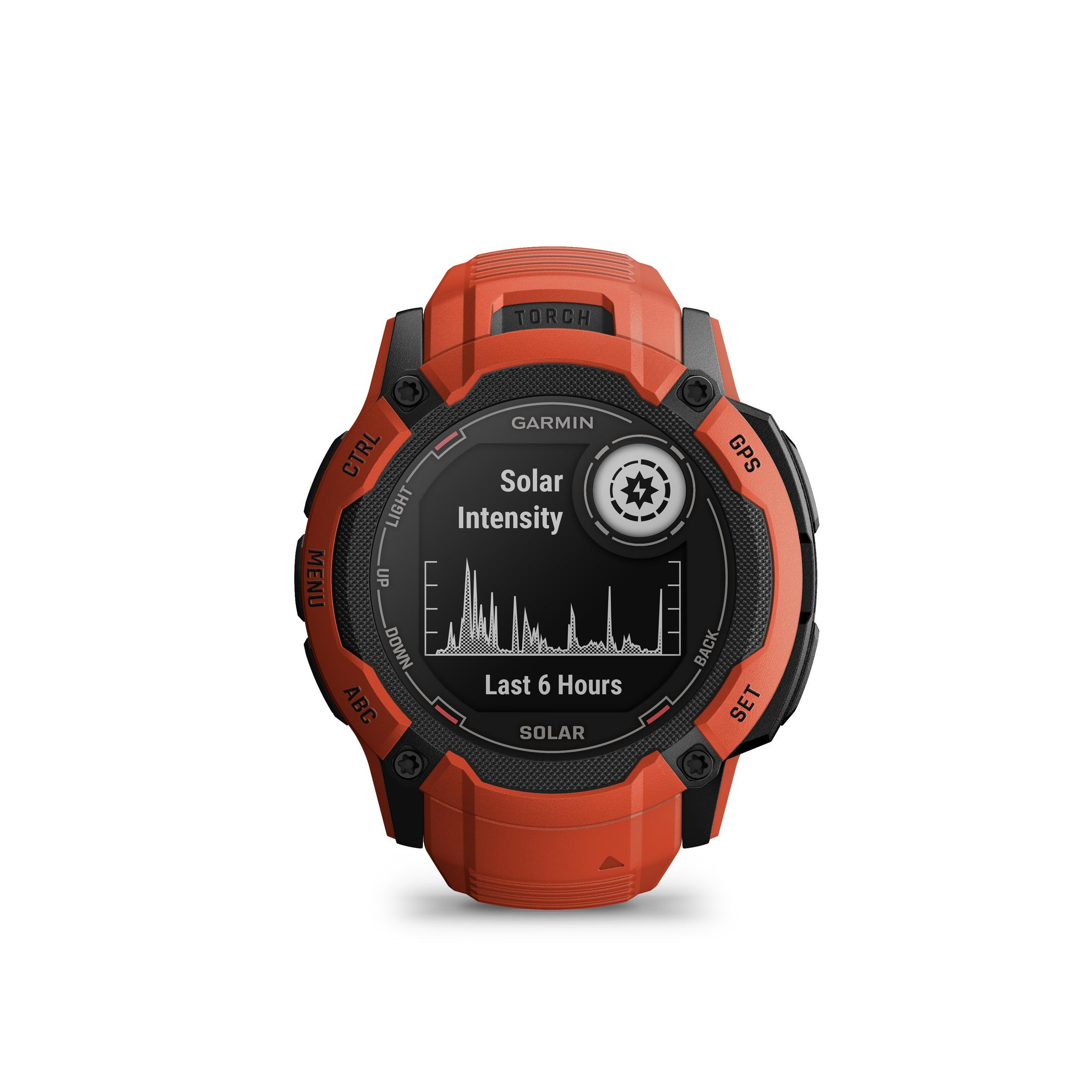 Oranje Garmin Instinct Solar GPS-horloge met een zwart display dat de zonne-intensiteit toont.