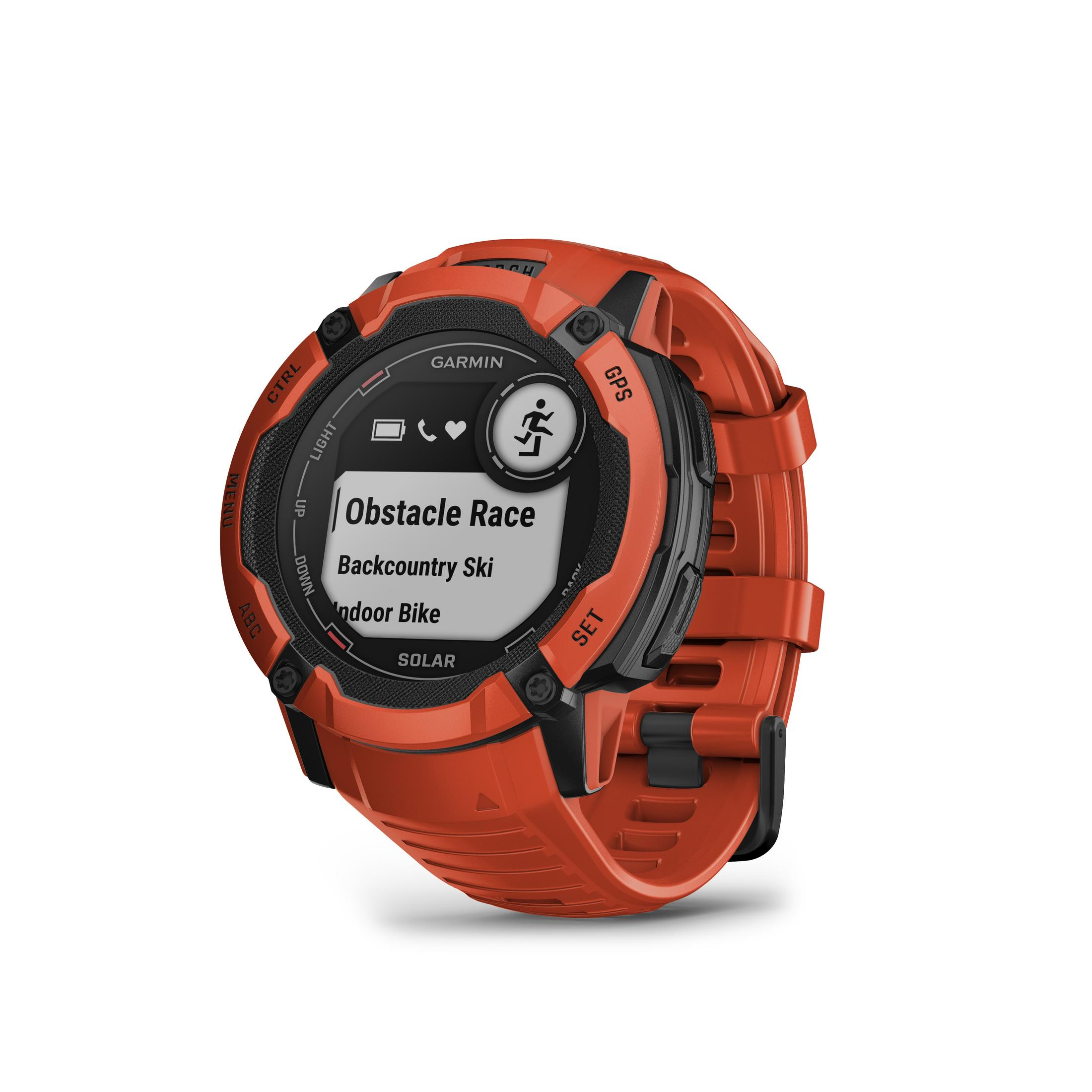 Garmin Instinct Solar smartwatch. Oranje band, zwarte bezel. Display toont obstacle race en menu.