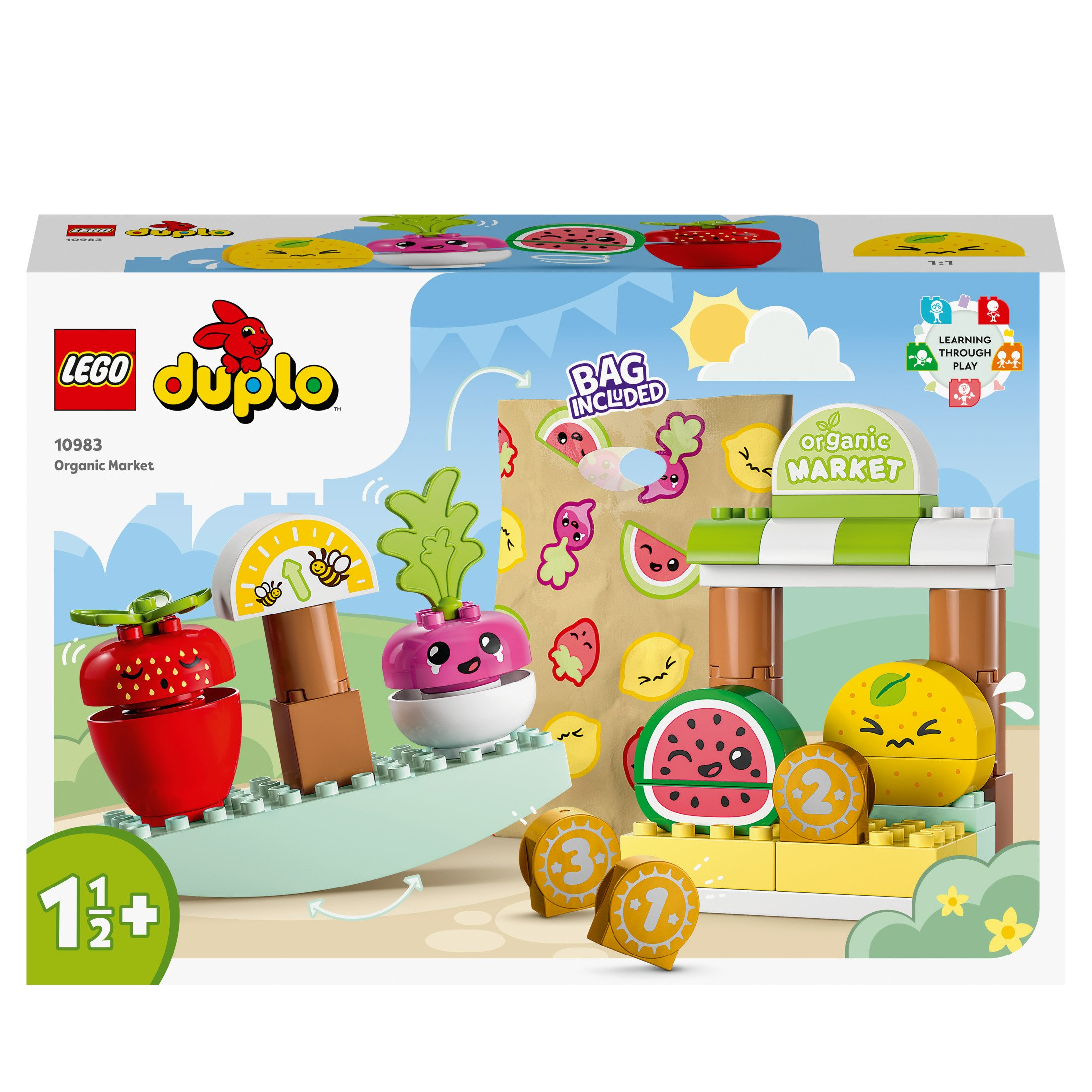 Lego Duplo Organic Market Set mit Figuren, Obst, Gemüse und Münzen.