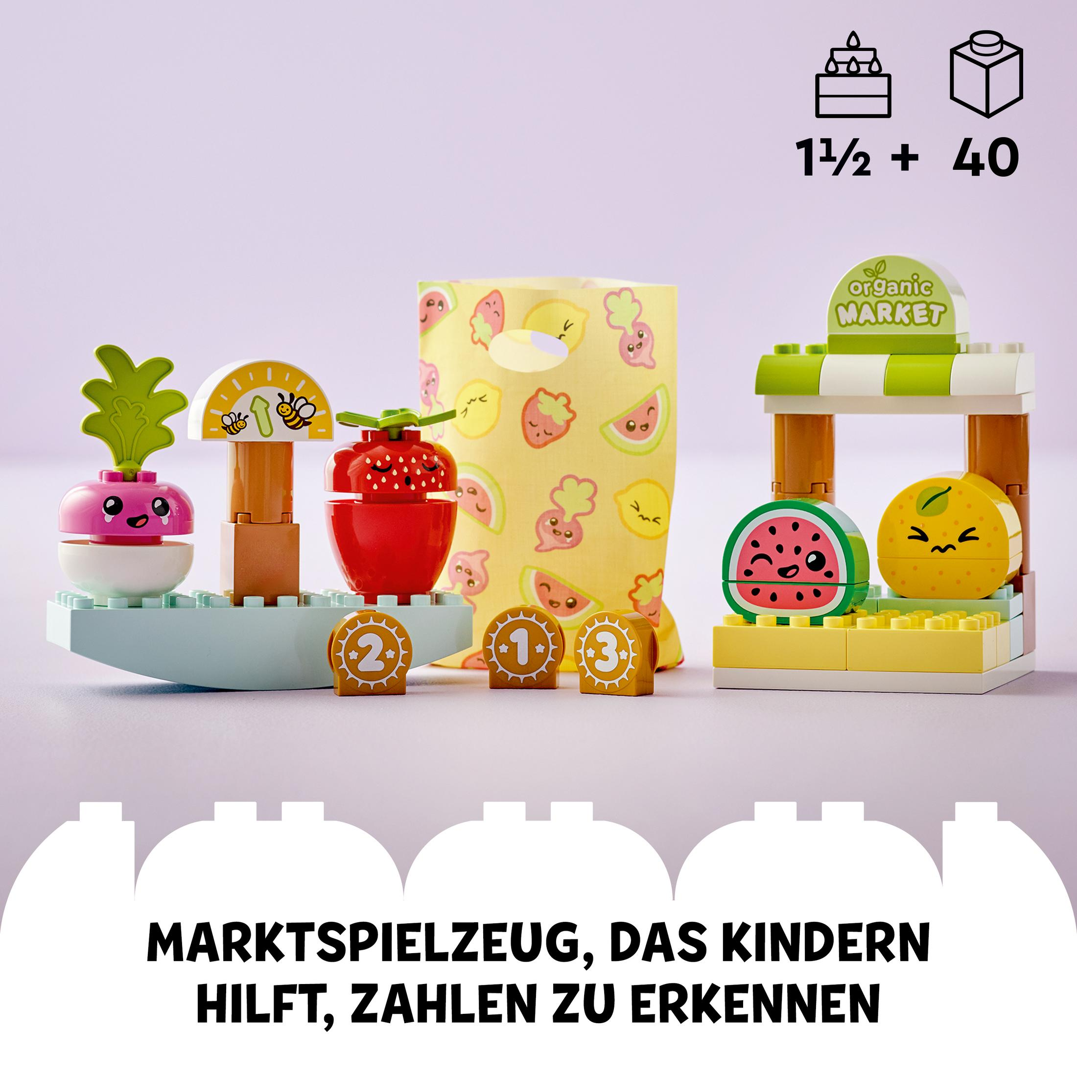 Duplo Spielzeugset mit Obstformen, Marktstand und Zahlen, fördert das Lernen von Zahlen.